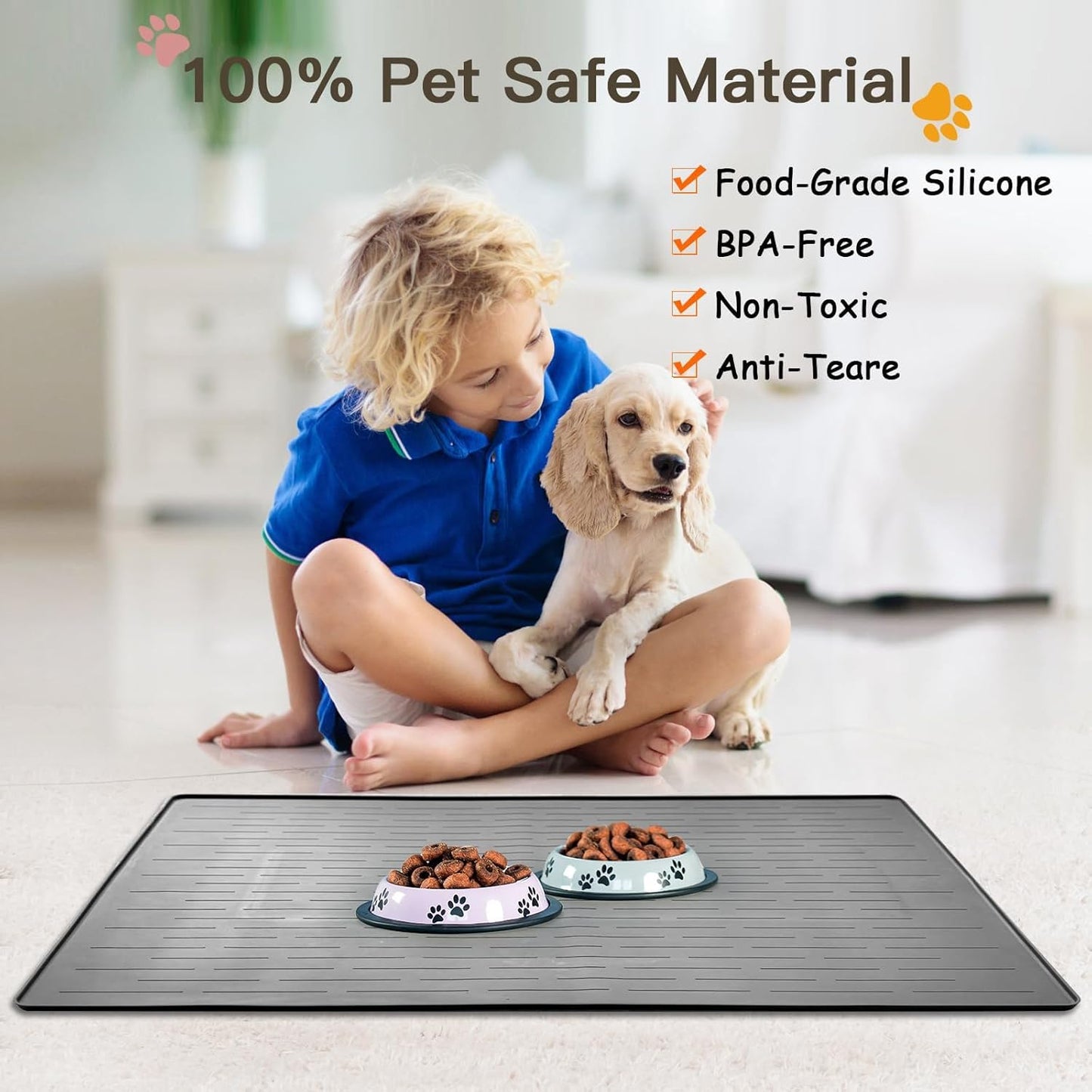 Large Dog Mats for Food and Water, 32"x24" Waterproof Pet Food Mats for Floor Nonslip Silicone Bowl Mats with Raised Edges