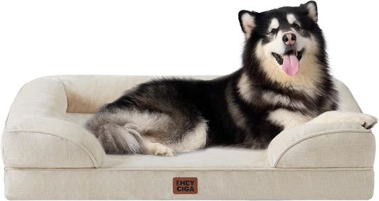 EHEYCIGA Orthopedic XL Dog Beds, Waterproof Memory Foam Dog Bed for Extra Large Dogs, Non-Slip Bottom and Egg-Crate Foam Big Pet Couch Bed with Washable Removable Cover, Beige