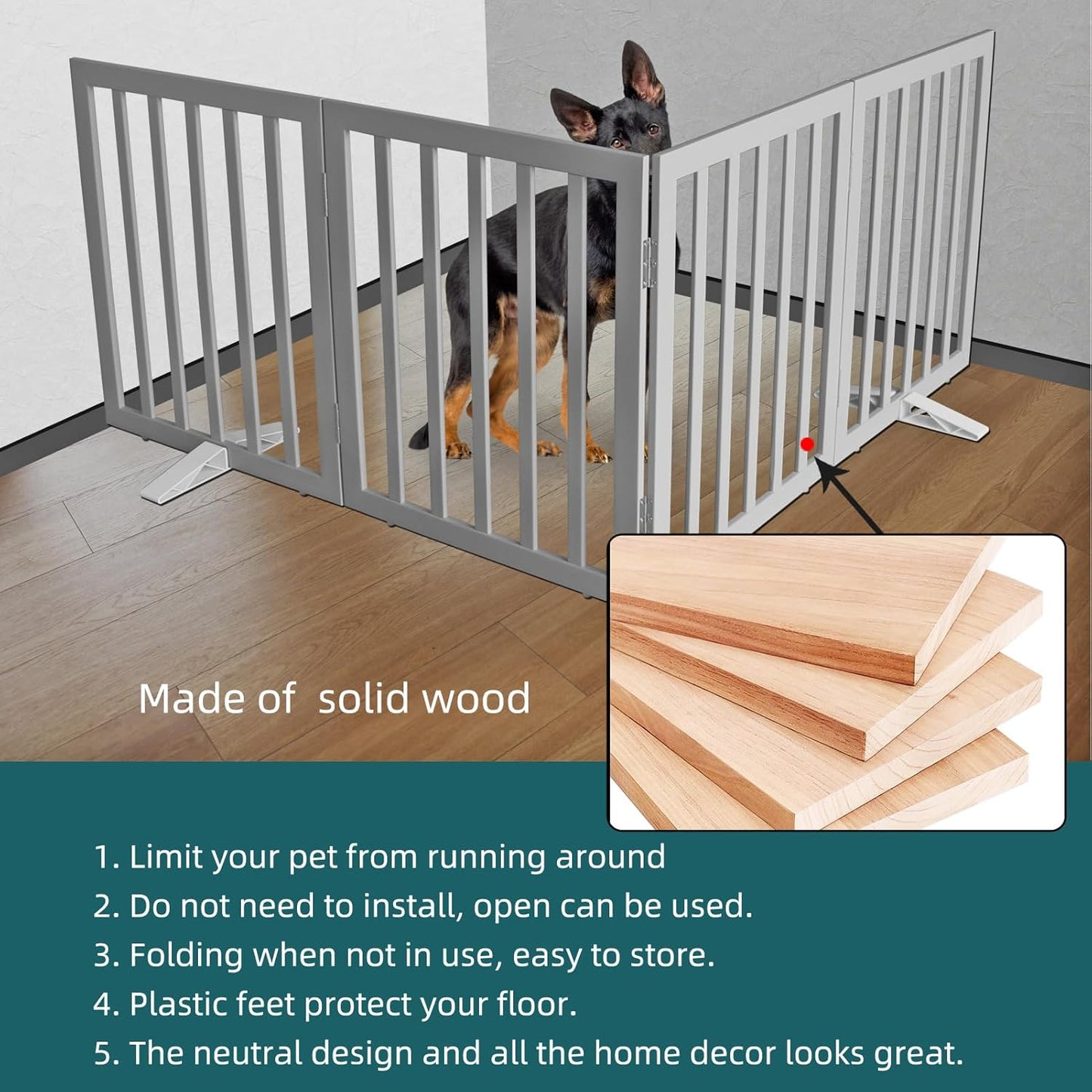 ZJSF Freestanding Indoor Dog Gate for House Foldable Wood Puppy Gate for Doorways Pet Gate for Stairs Extra Wide Pet Fence, Grey, 32" Height 3 Panels