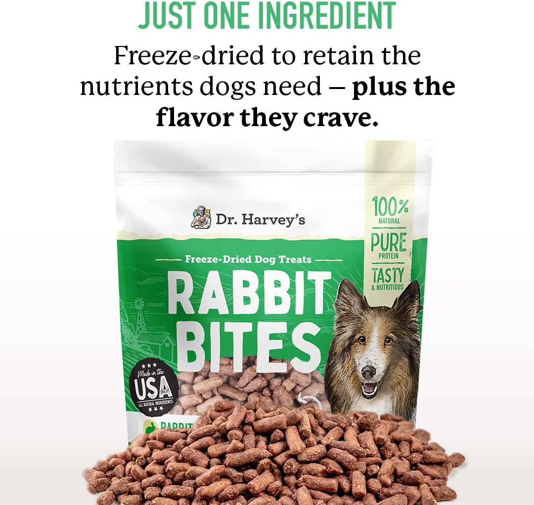 Dr. Harvey's Rabbit Bites Freeze-Dried Raw Dog Treats, Single Ingredient, All-Natural Rabbit Meat Protein for Dogs, Allergen-Free, 7 Ounces (1 Pack)
