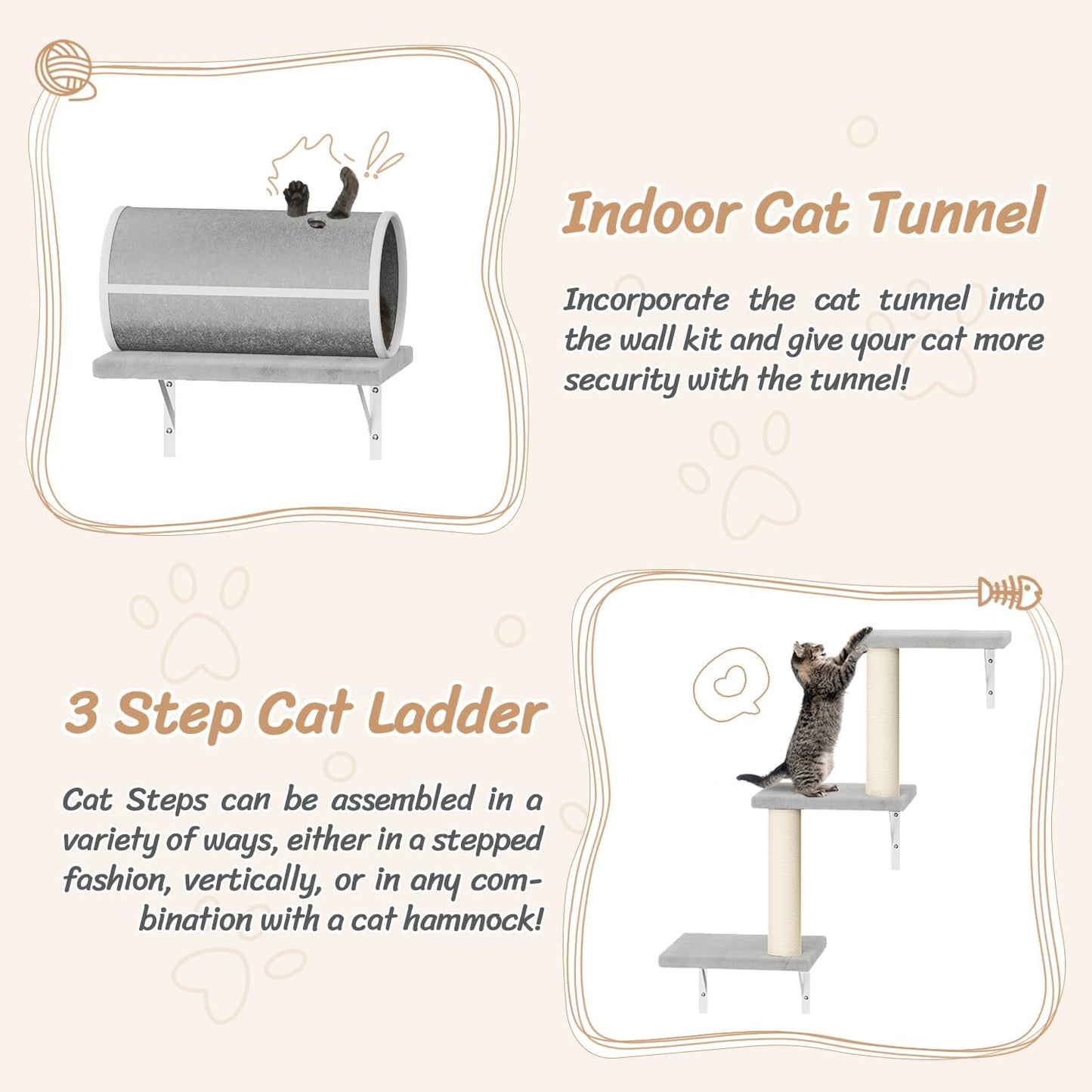 NUNU LAB Cat Wall Shelves Set, 7 Pcs Wall-Mounted Cat Climber with Cat House, Tunnel, Bridge, Scratching Post, Hammock, Wall Shelves, Gray