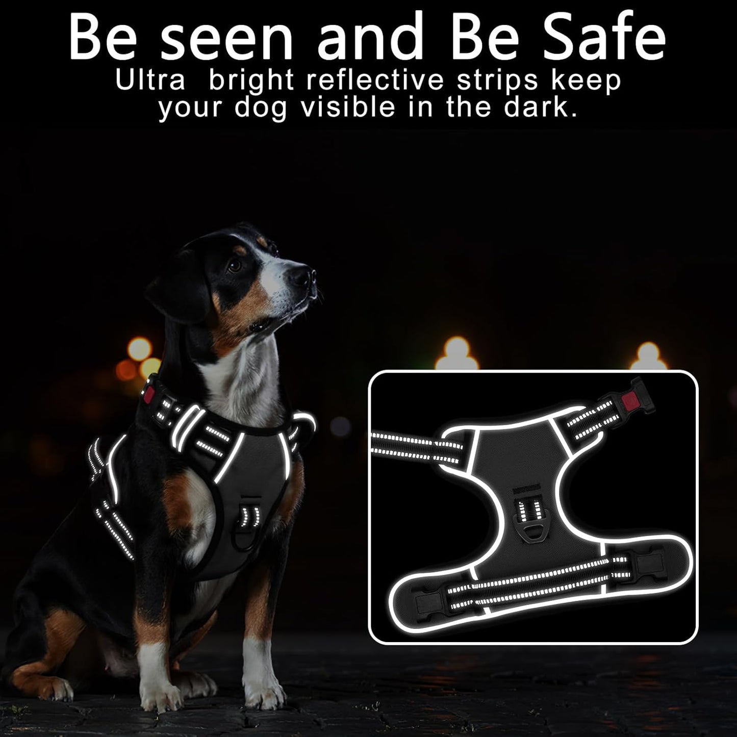 Timos Dog Harness Medium Sized, No Pull with Neck Lockable Snap,No Choke Front Clip Dog Reflective Harness,Adjustable Metal Rings 3 Buckles,Easy Control Handle for Medium Dogs Gray M