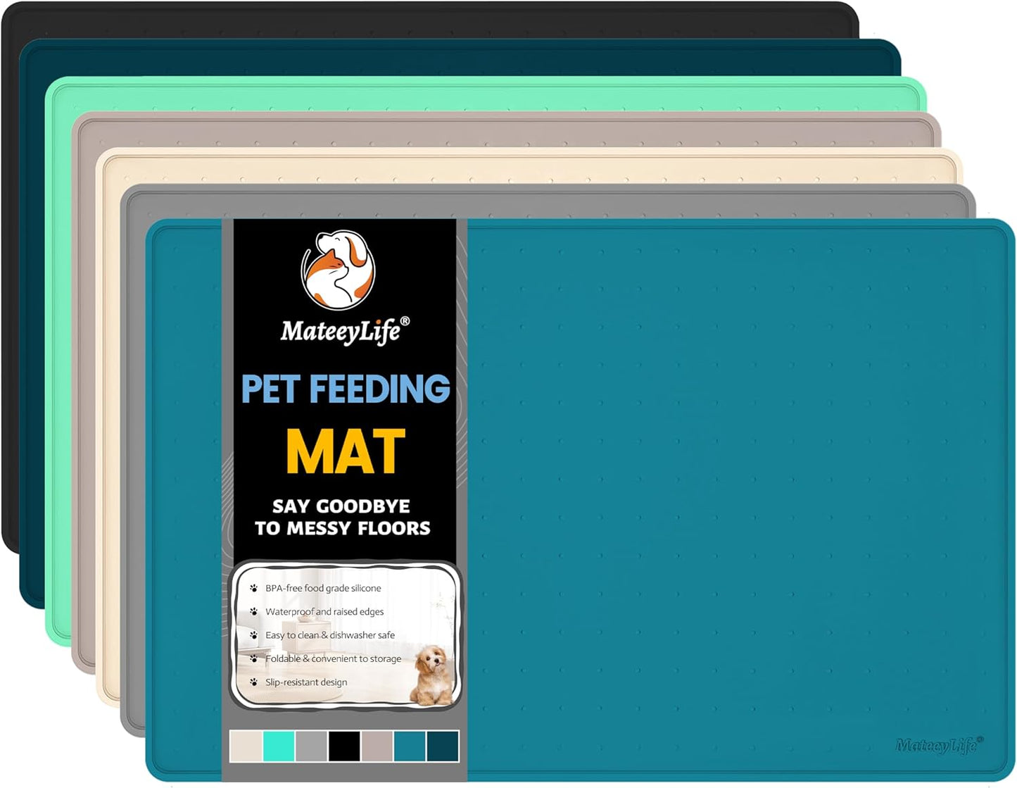 MateeyLife Dog & Cat Food Mat, Waterproof & Nonslip Silicone Feeding Mats for Dogs and Cats, Raised Edge Tray for Messy Drinkers, 24"x16", Teal