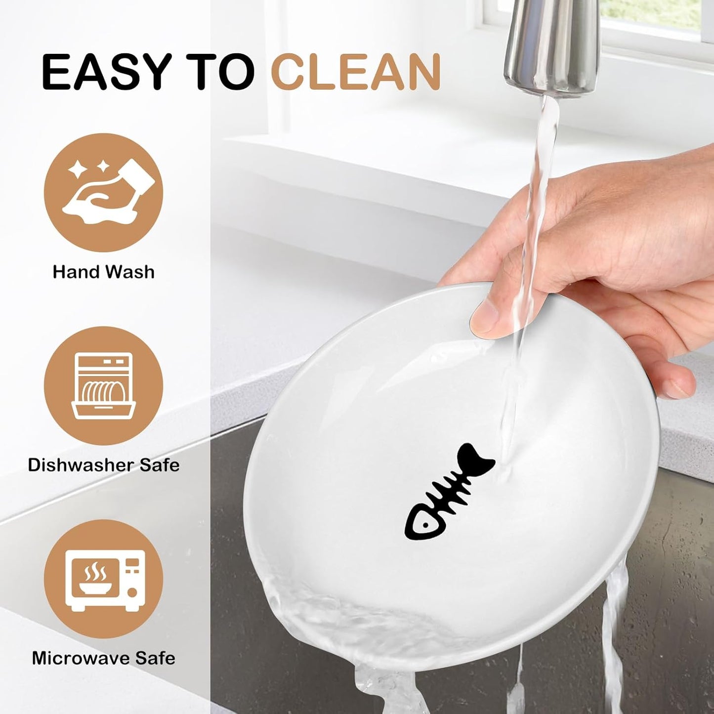 TRUVIC 4 Pack Ceramic Cat Food Bowls, 5.9 Inch Ceramic Cat Dishes Set for Indoor Cats and Small Dogs, Anti Whisker Fatigue Kitten Bowls, Wide Shallow Kitten Plates for Food and Water (Fishbone)