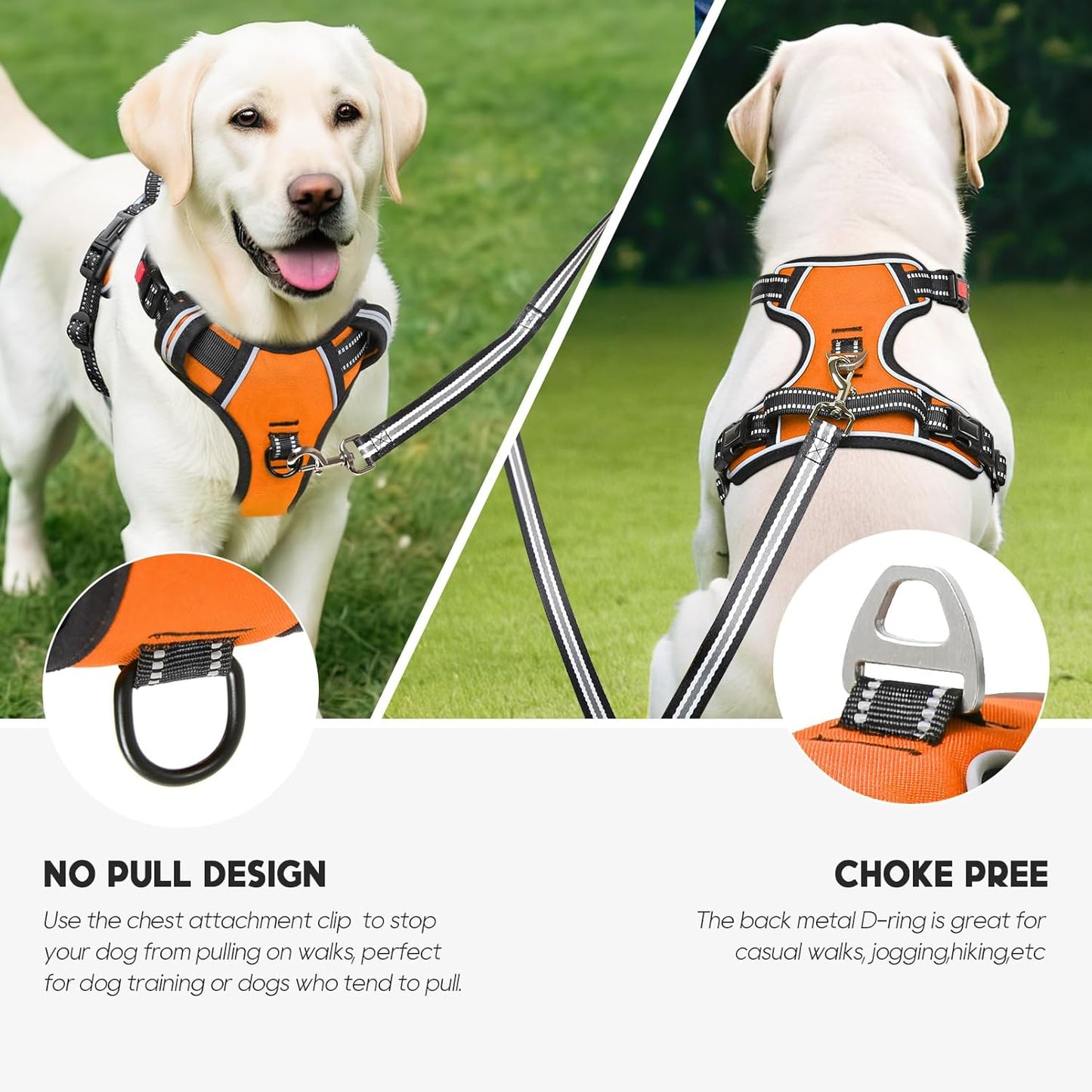 Timos Dog Harness Large Sized, No Pull with Neck Lockable Snap,No Choke Front Clip Dog Reflective Harness,Adjustable Metal Rings 3 Buckles,Easy Control Handle for Large Dogs Orange L