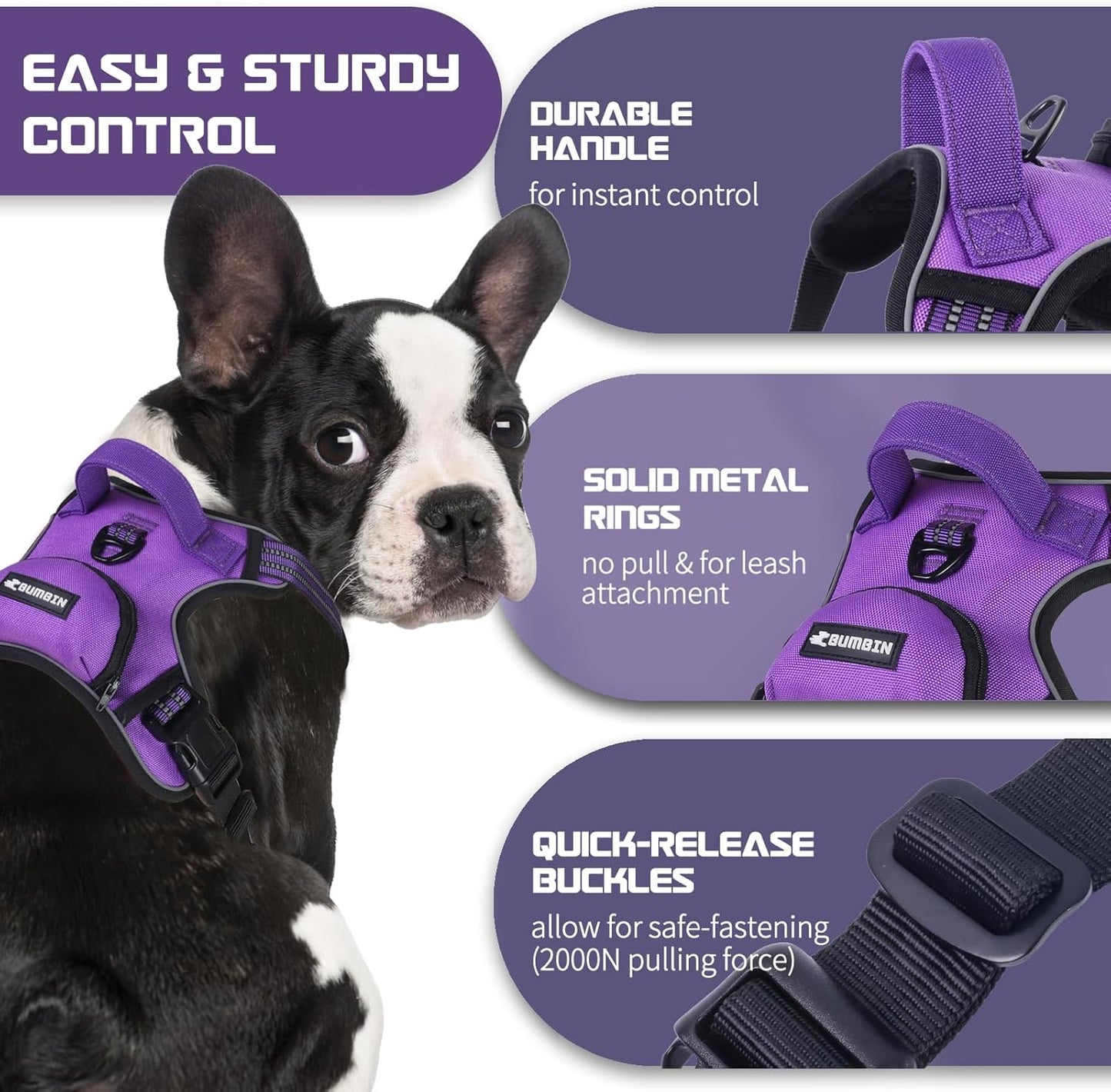 BUMBIN Dog Harness for Large Dogs, No Pull Adjustable No Choke Pet Vest with Dog Leash Fit Smart Reflective Pet Walking Harness for Training Easy Control Soft Handle Purple S