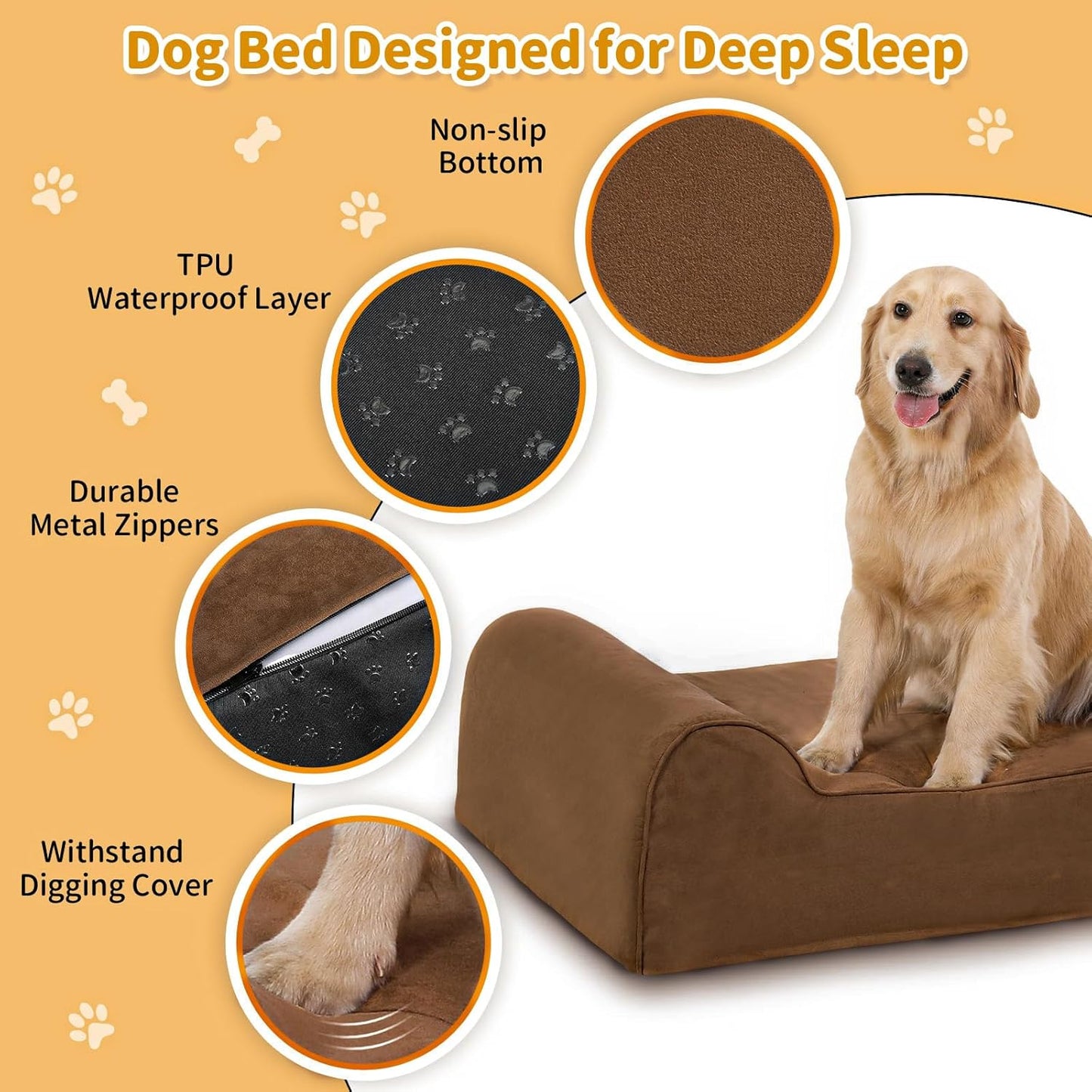 Large Orthopedic Dog Bed, 7" Memory Foam with Waterproof Liner, Chew Resistant Microsuede Cover, Removable and Washable, for Indoor, Outdoor, and Car Use, Nonskid Base, 52"x36" XL Brown