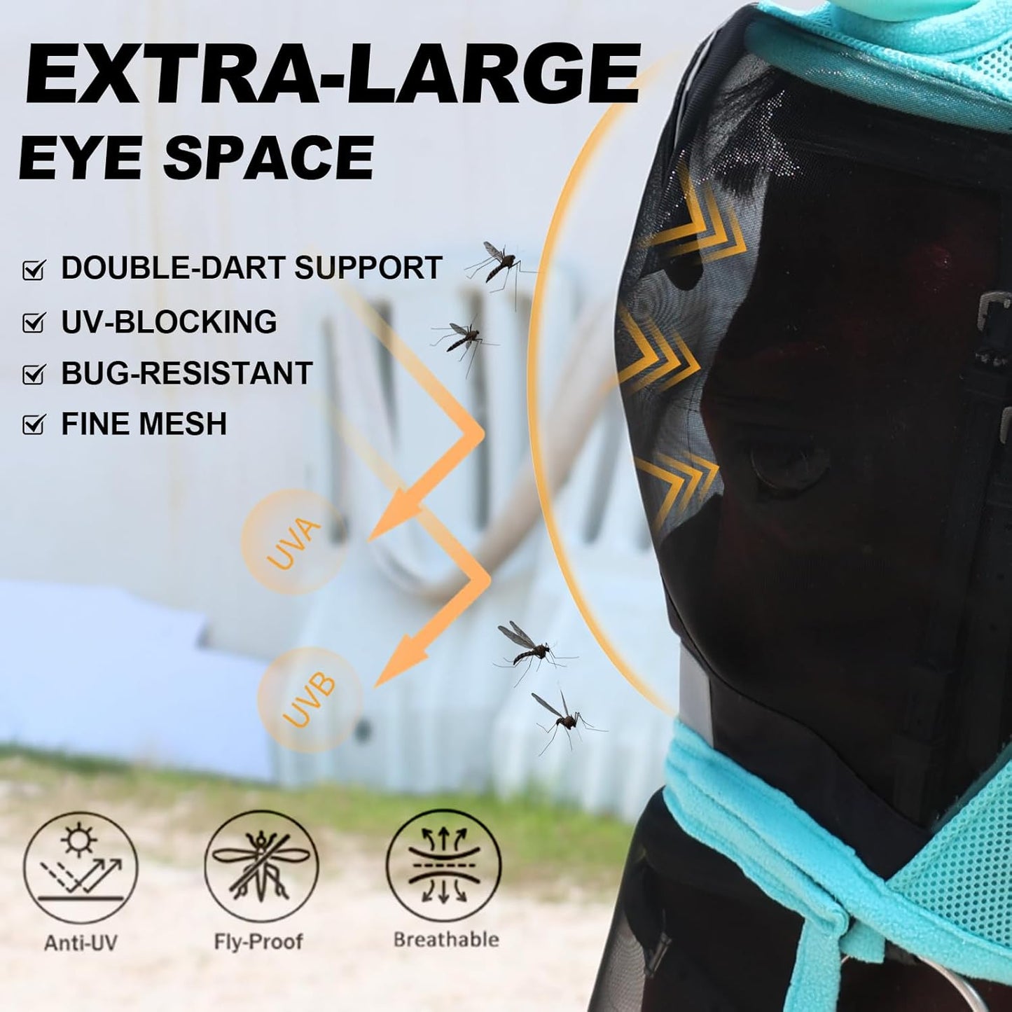 Luminous Horse Fly Mask with Long Nose, Ears, Full Face & Eye Protection - Full Mesh, Detachable Nose Cover, Fleece Padded Edging, Hook-and-Loop Straps with Webbing, Hanging Straps Mint Green