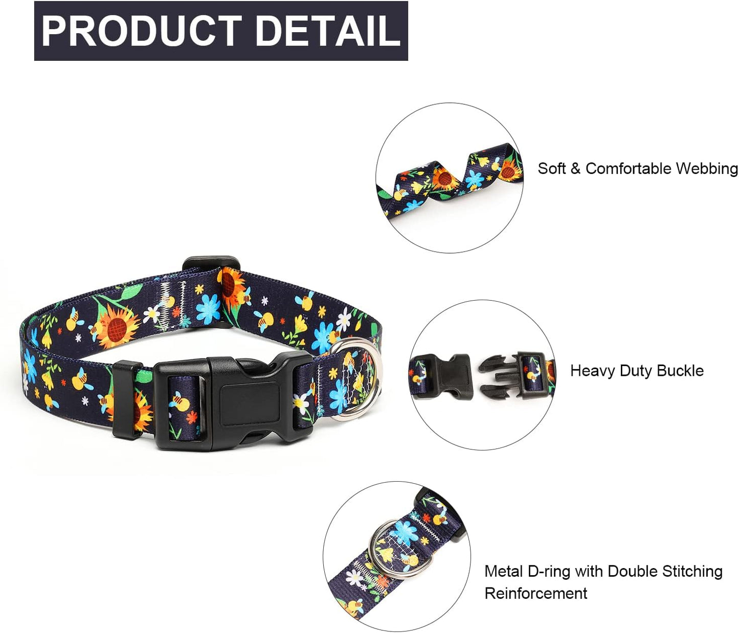 Mercano Adjustable Dog Collar - Special Design Patterns, Soft Nylon Comfortable Sturdy Pet Collar for Small Medium Large Dogs (L, Sunflower)