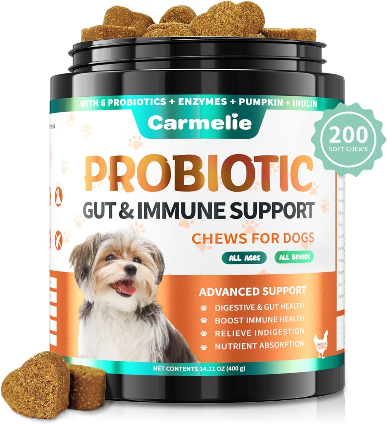 Probiotics for Dogs, 200 Soft Chews Digestive Probiotics & Enzymes for Gut Health with Pumpkin, Fibre for Dogs Anti Diarrhea, Upset Stomach, Gas Relief, Itchy Skin & Immune Support (Chicken)