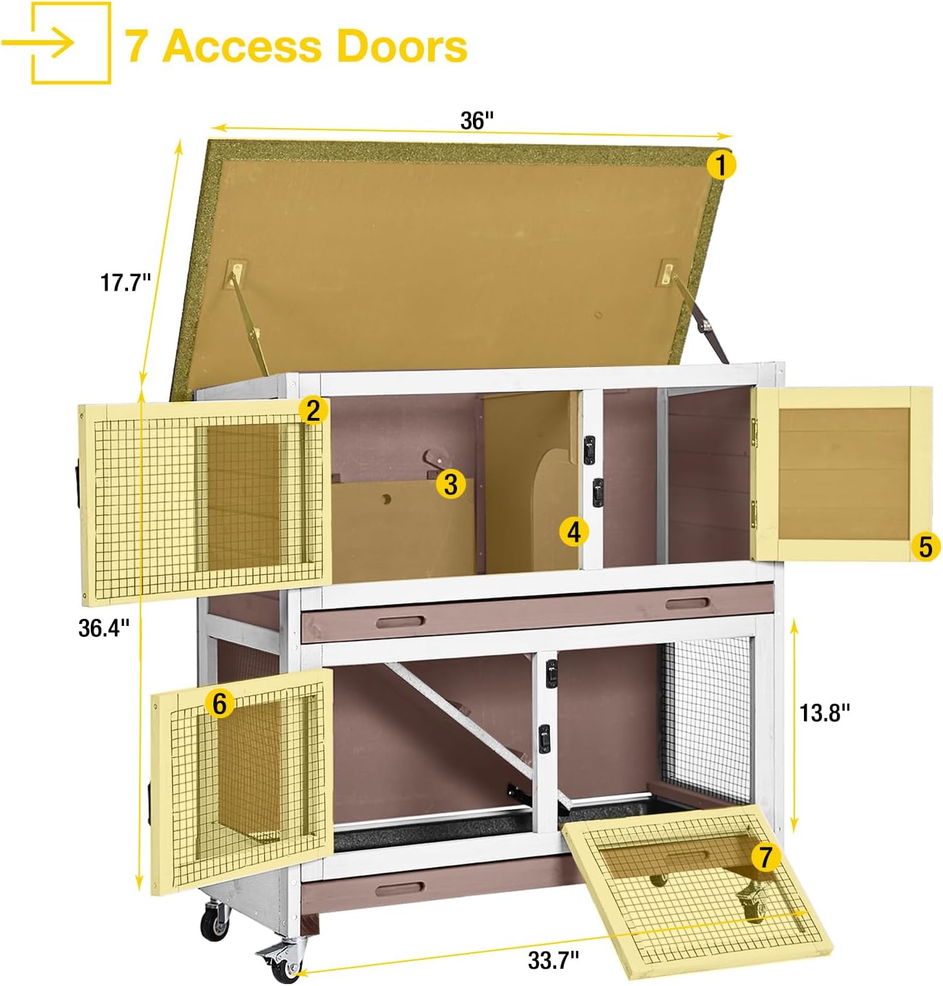 AIVITUVIN Wooden Rabbit Hutch Indoor Outdoor Rabbit Cage with Two Removable Trays Bunny Cage on Wheels Pet House Guinea Pig Cage 2 Story (Brown)