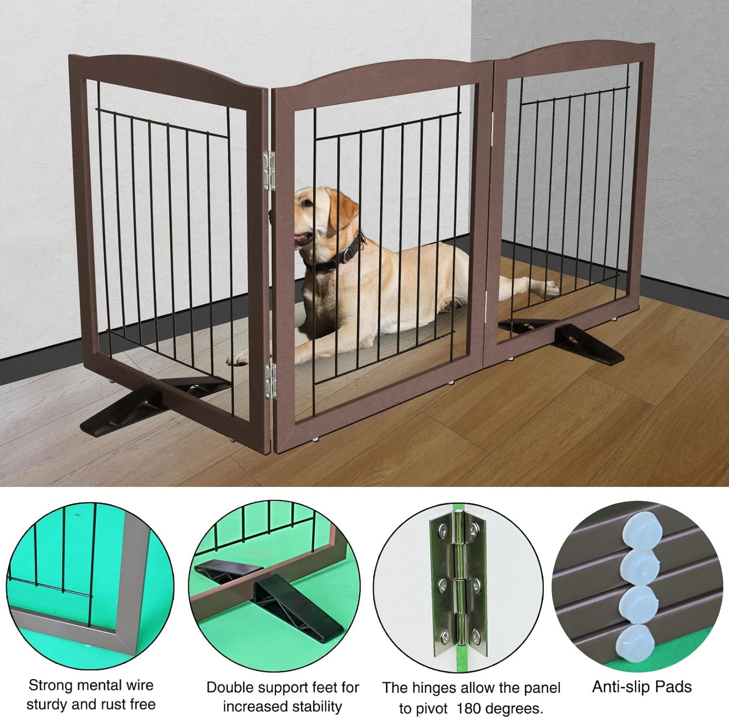 ZJSF Freestanding Dog Fence Indoor, Foldable Dog Gate for Doorways, Stairs or Hallways, Sturdy Wood Extra Wide Pet Gate with Support Feet for The House, Brown, 32 "Height-3 Panels