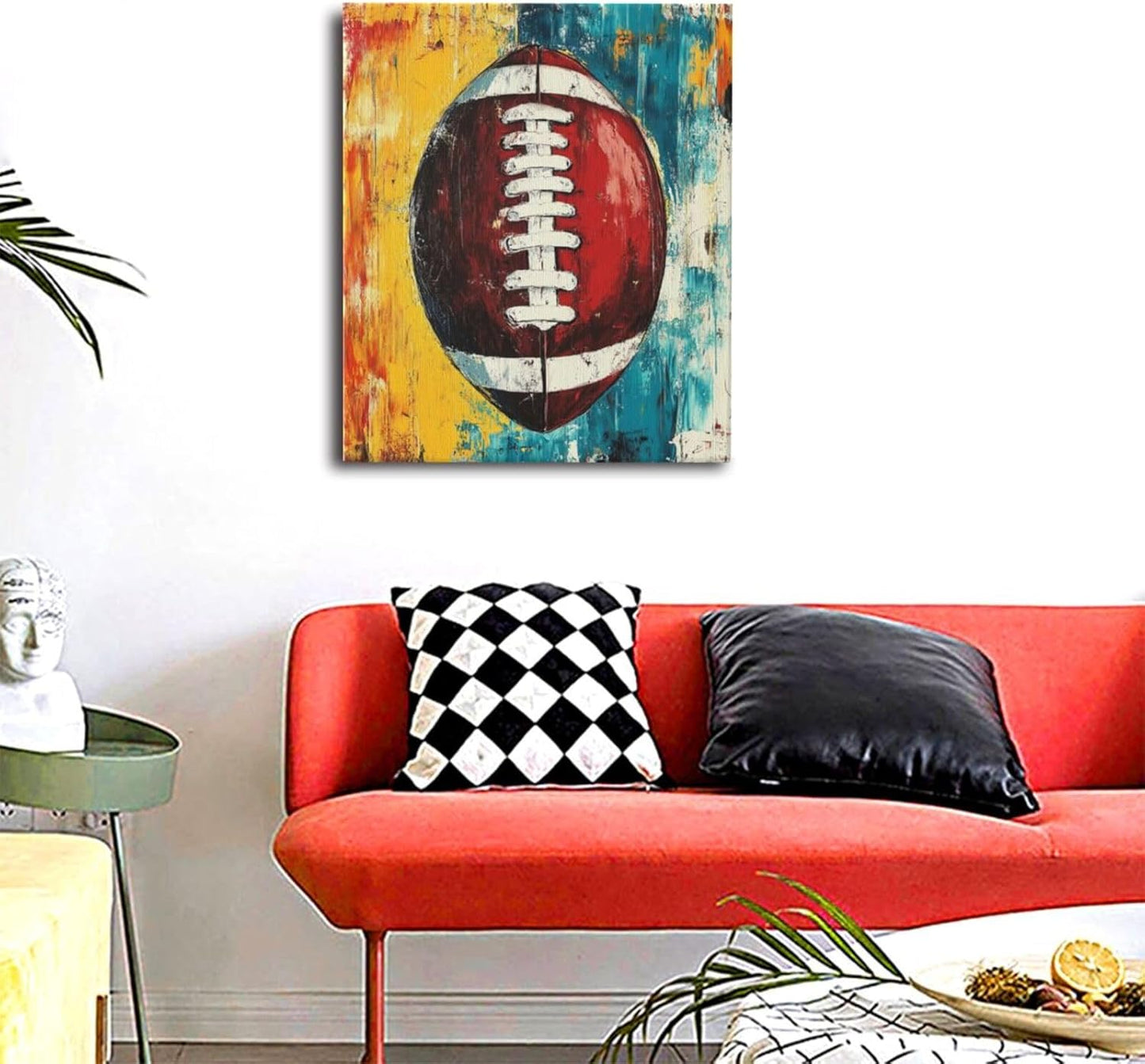 Graffiti Football Bathroom Pictures Wall Art, Rugby Sport Bathroom Wall Decor, Colorful Football Framed Painting Canvas Artwork for Bedroom Living Room Decorations 24"L x 20"W