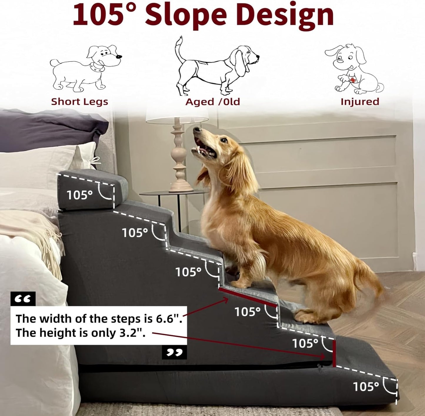 Dog Stair ramp for 30 inch high beds. 6-Step Dog Stair Ramp for 20 to 36 Inch Sofa Beds. Pet Steps for Small, Medium and Large Dogs. Non-Slip, Balanced and Portable. Multifunctional 6 Steps, Gray.