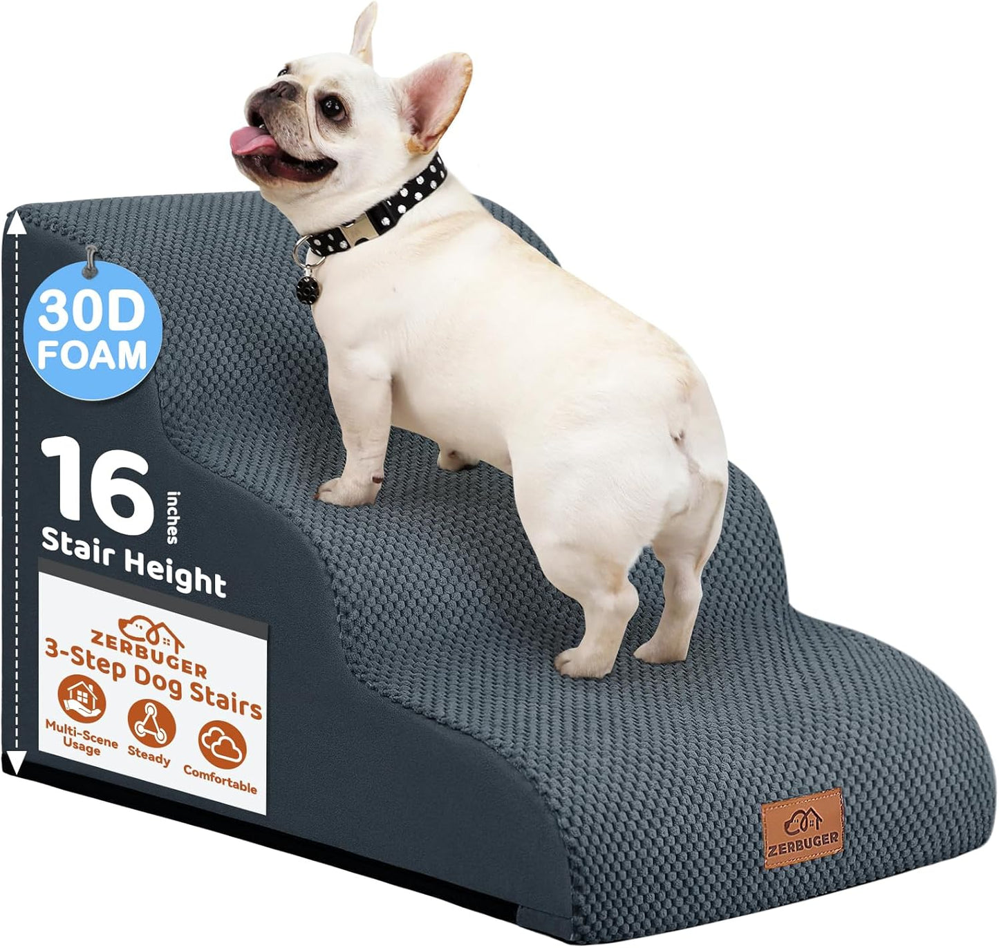 Dog Ramp and Stair for Bed 16" H-20 H,3-Step Cat Stair for Sofa and Chair,4-Step Dog Ramp for High Bed and Window,Durable Nonslip Fabric Cover for Indoor (Dark Grey-16 H, Pet Friendly, 3)