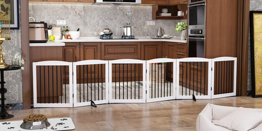 Freestanding Pet Gate for Dogs, Foldable Wooden Dog Gate for House, Extra Wide Indoor Pet Barrier for Stair, Doorway, Hall, Support Feet Included, 120 Inch Wide, 6 Panels 24", White