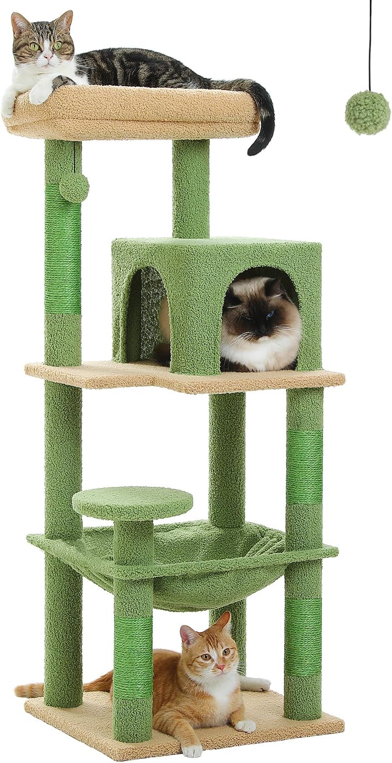 Cactus Cat Tree for Indoor Cats, 45.7" Multi-Level Cat Tower with Large Metal Frame Hammock, Cat Condo with 4 Scratching Posts and Top Perch, Green