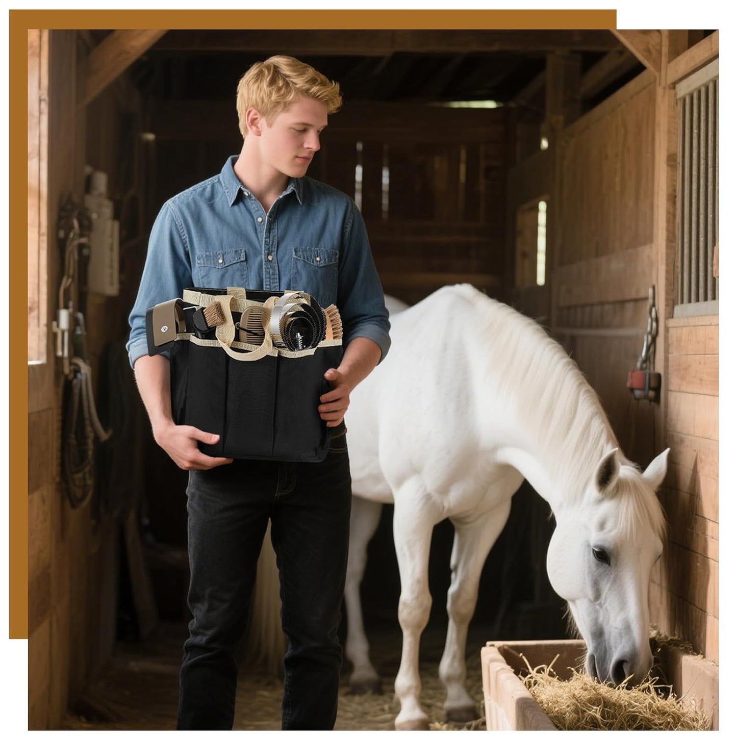 Abbylike 12 Pieces Horse Grooming Kit with Organizer Tote Bag Tack Room Supplies Horse Brush Sets Equine Care Cleaning Kit Shedding Grooming Massaging Tools(Khaki)