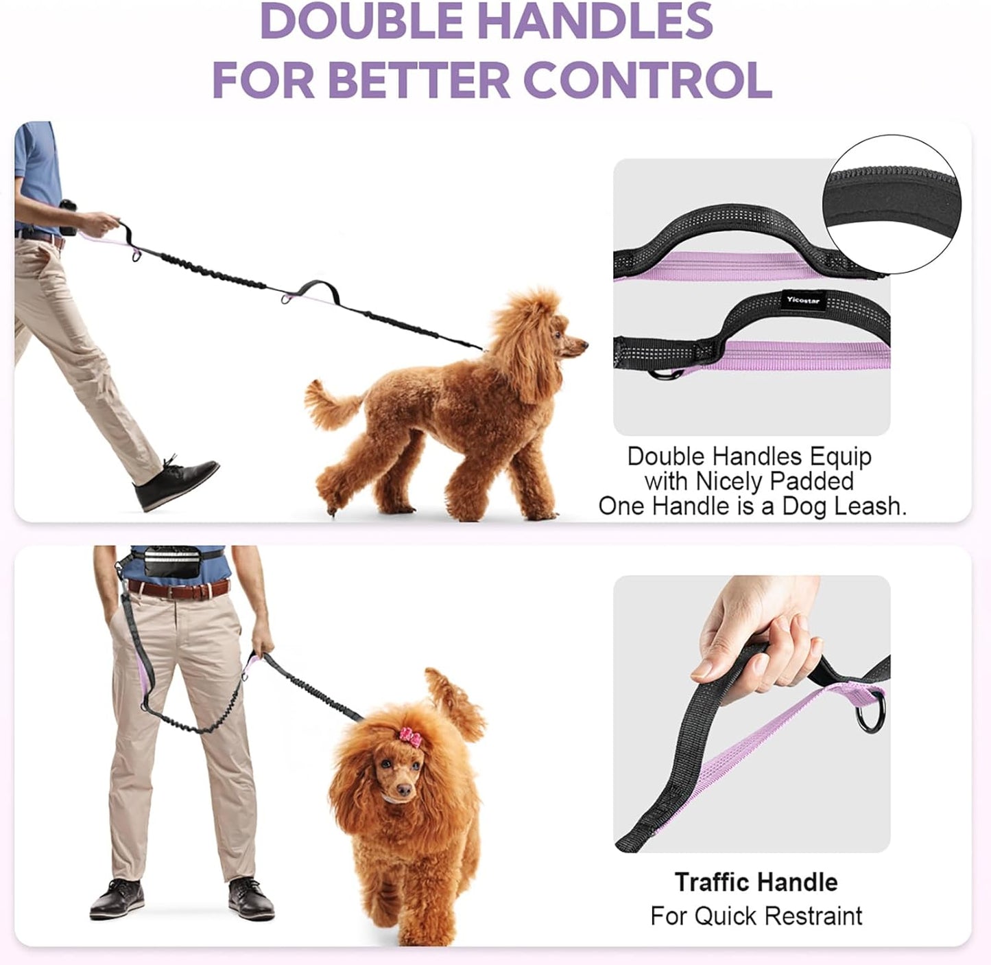 Hands Free Dog Leash, Shcok Abosoring Bungee with Double Padded Handles, Waist Leash for Dog Walking, Dog Leash with Bungee for Medium & Large Dog, Dog Walking Accessories, Black Purple
