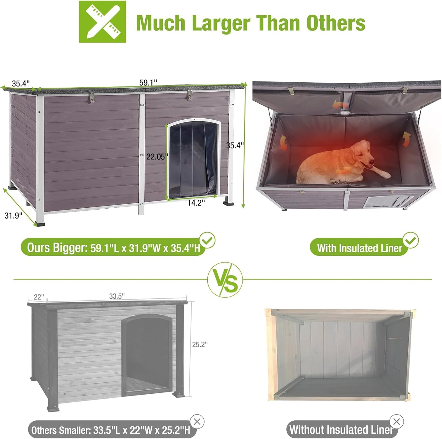 GUTINNEEN 59.1" Extra Large Dog House Outdoor Insulated for Winter with Durable Metal Fame, Grey