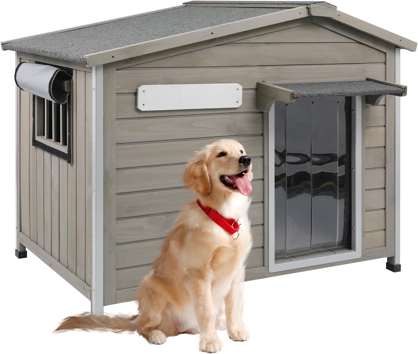 Outdoor Dog House Weatherproof Large Wooden Dog Kennel Indoor for Small Dogs with Chew-Proof Frame, Oxford Fabric Window, Removable Floor Pet Shelter (Grey, 40.1" D x 26.4" W x 28" H)