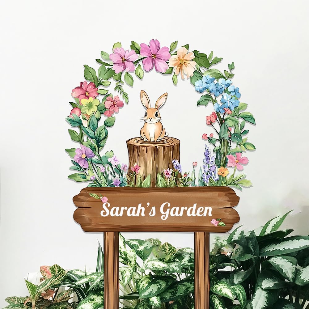 Personalized Rabbit Metal Sign with Stake,Custom Gardener Last Name Signs Outdoor Decor,Customized Flowers Gardening Birthday Gifts,Cute Animal Plaques for Patio Lawn Porch Backyard Farmhouse Outside
