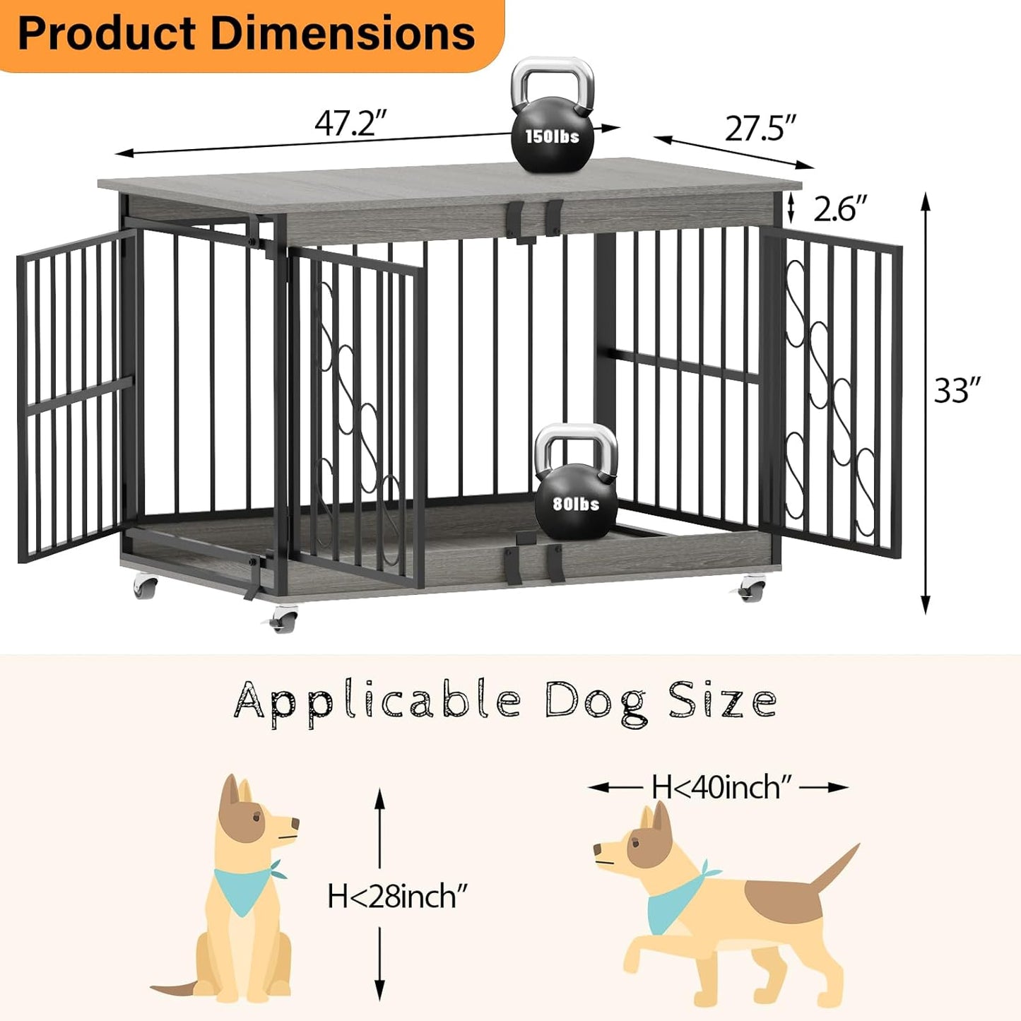 COZPAW Dog Crate Furniture, 48 Inch Dog Crates for Medium/Large Dogs, Farmhouse Wood Dog Kennel Indoor Heavy Duty Dog Cage with Caster Wheels (Gray)