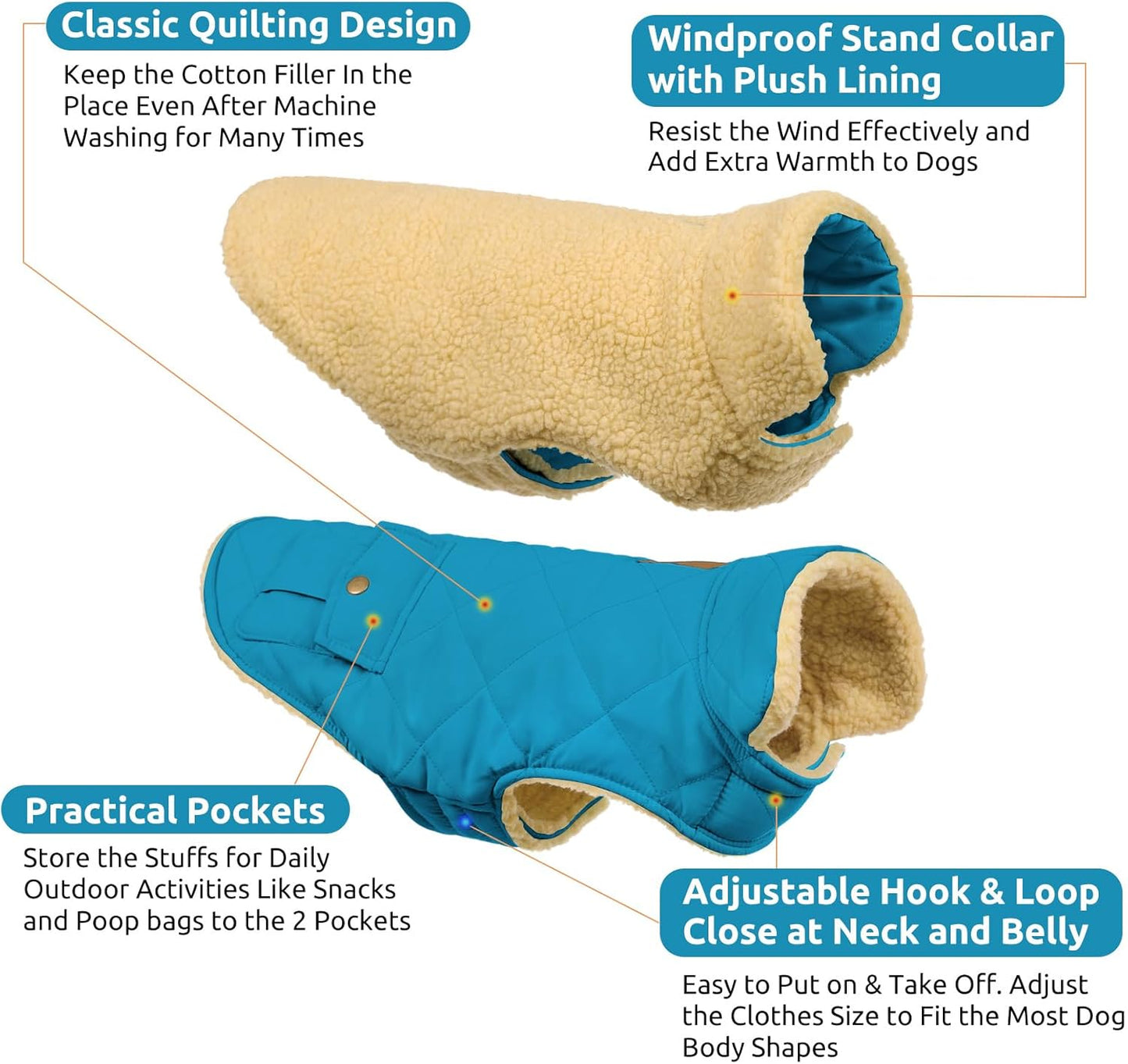 Queenmore Dog Winter Coat Warm Puffer Jacket Waterproof Plush Lining Thermal Cold Weather Vest for Small Medium Large Dogs, Windproof Easy On Pet Jacket Blue S