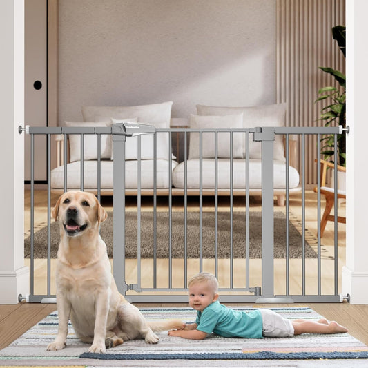 BABELIO 29-55 Inch Extra Wide Baby/Dog Gate, Metal Auto Close for The House and Doorways, Pressure Mounted Pet Door, NO Need Tools and Drilling, with Wall Cups, Gray