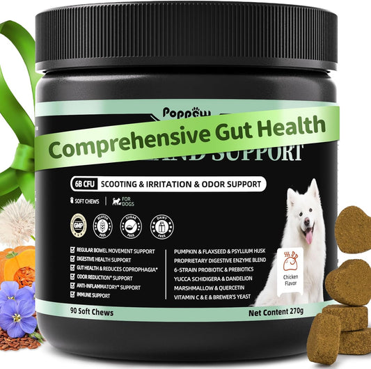 Dog Probiotics & Digestive Enzymes – Pumpkin Fiber Chews for Gut Health, Constipation& Upset Stomach Relief, Gas & Stool Support, Chicken Flavor Soft Chews – 90 Count