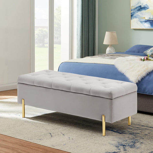 Velvet Storage Bench Ottoman with Soft Close Lid, End of Bed Bench Upholstered Fabric Storage Ottoman Bench for Bedroom Entryway Living Room, Grey