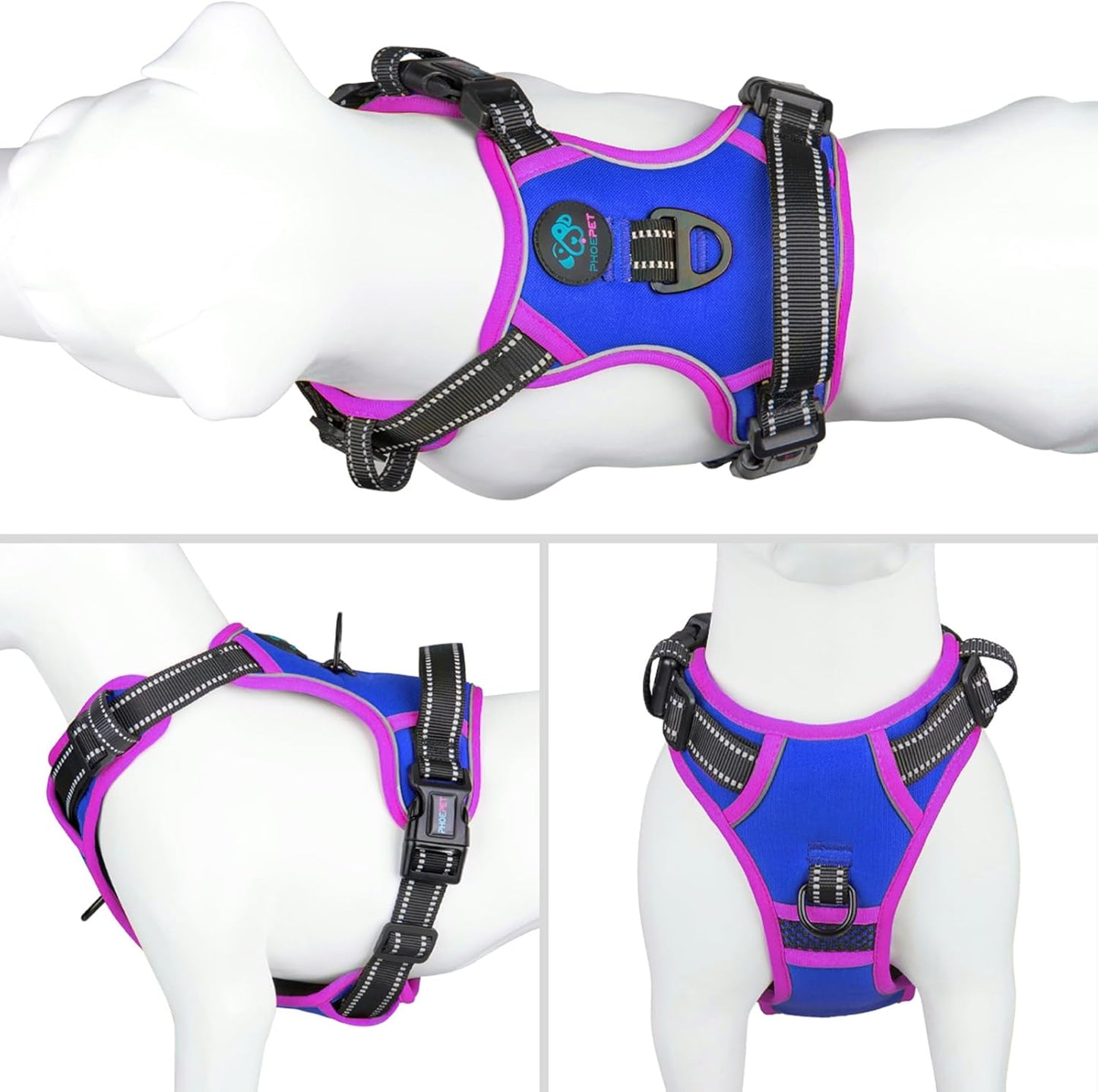 PHOEPET 2019 Upgraded No Pull Dog Harness, Reflective Adjustable Vest, with a Training Handle + 2 Metal Leash Hooks+ 3 Snap Buckles +4 Slide Buckles(M, Royal Blue)