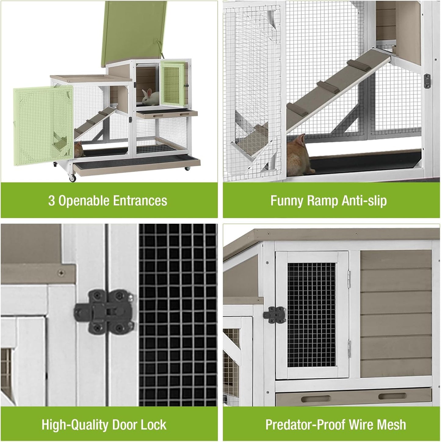 GUTINNEEN 2-Story Rabbit Hutch with Chew-Proof Ramp & Pull-Out Trays - Indoor/Outdoor 39.3" Wooden Rabbit Cage on Wheels for Rabbits, Guinea Pigs (Light Brown)