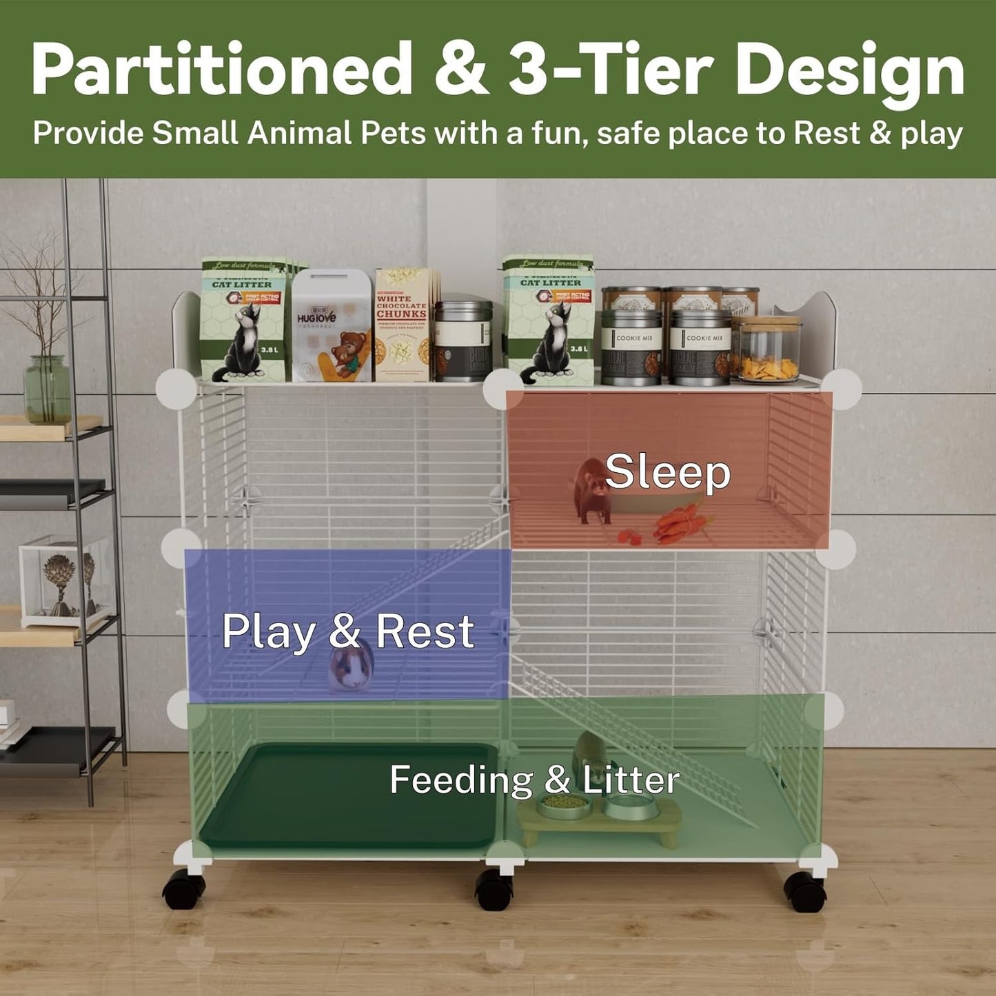 Large Guinea Pig Cages Indoor on Wheels, 3 Tier C&C Ferret Cage Small Animal Hideout House with Top & Removable Tray, Pet Playpen Fence for 1-3 Hamster, Rat, Chinchilla, Hedgehog