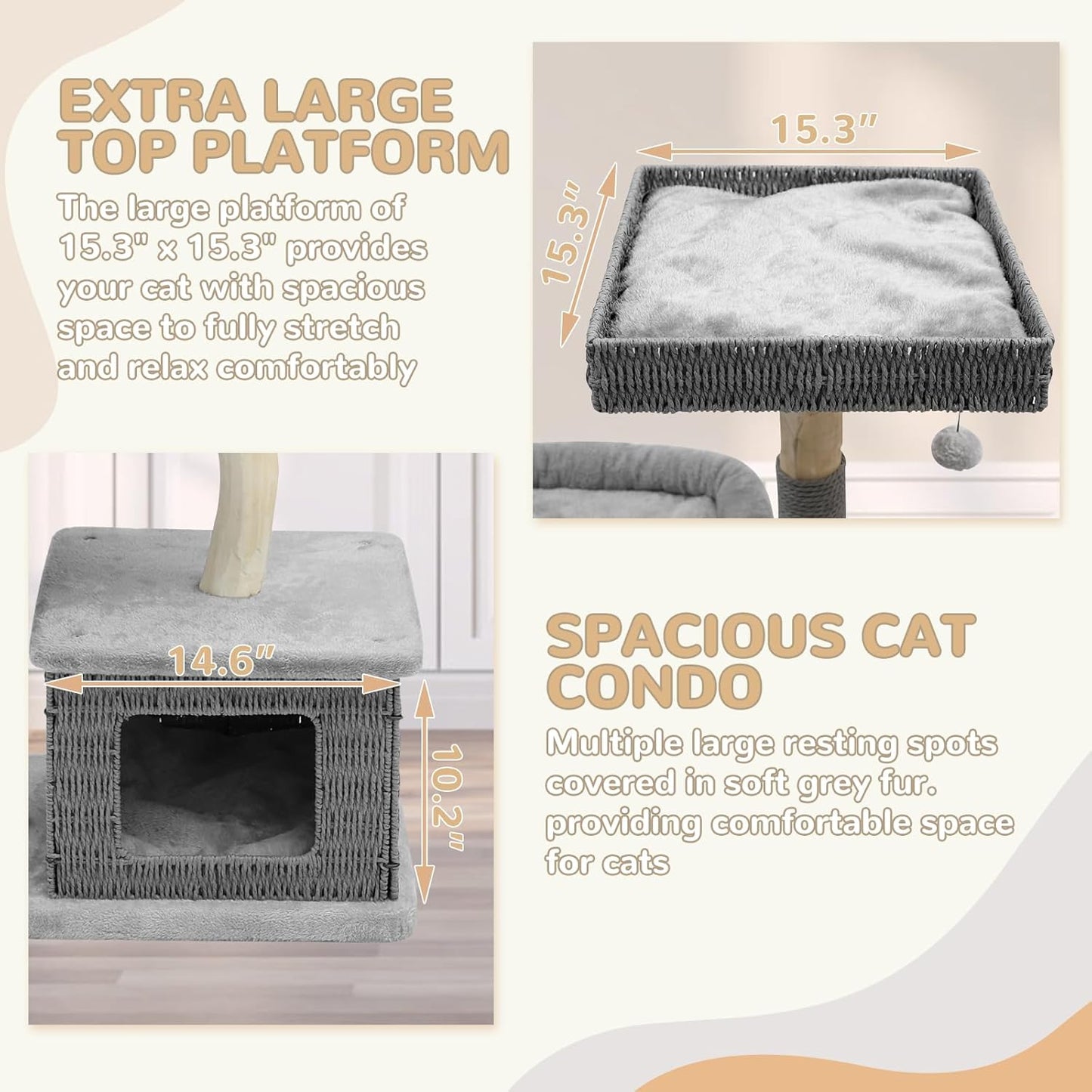 Modern Cat Tree for Large Cats - Multi-Level Wooden Tower with Scratching Posts, Large Jumping Platforms, Hanging Toy - Modern Luxury Cat Furniture for Indoor Cats-Grey