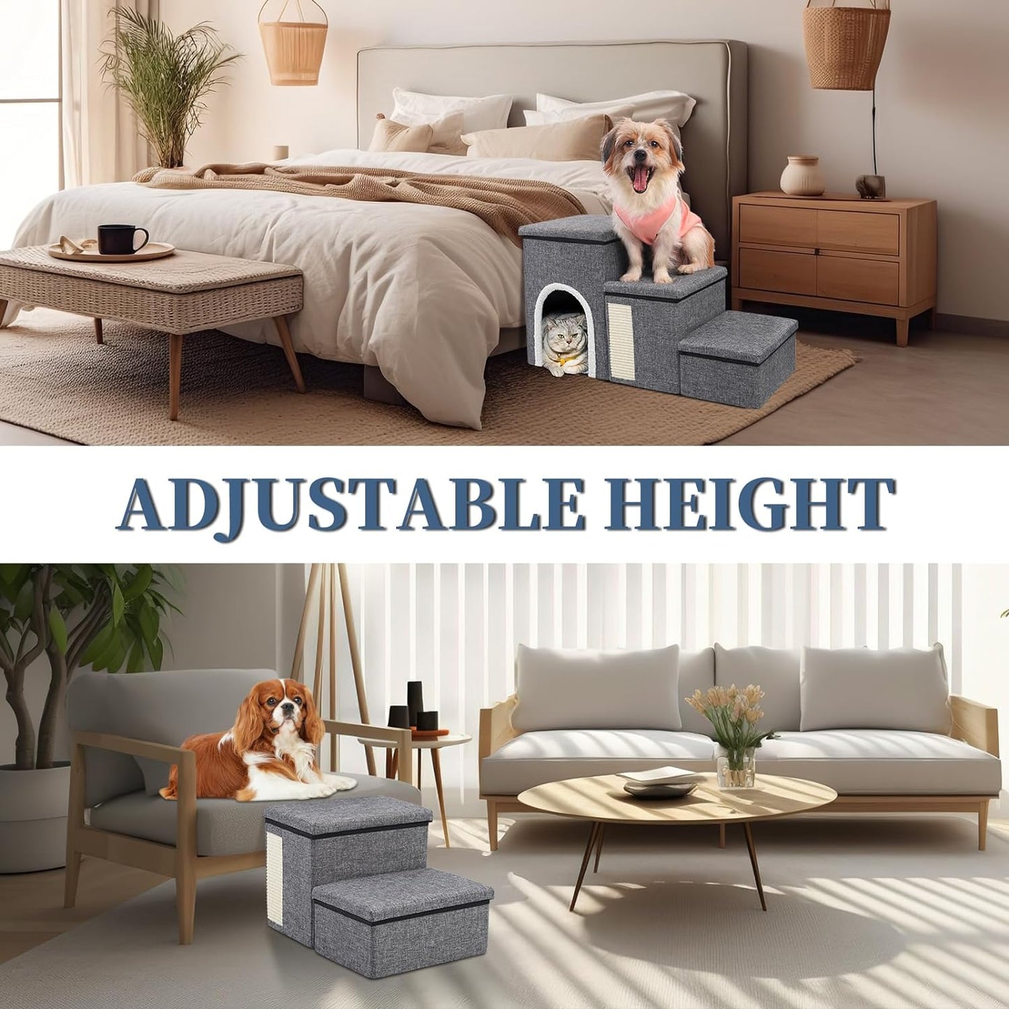 Dog Stairs for High Bed and Couch, 4 IN 1 Foldable Pet Stairs for Cats & Small and Medium Dogs, Adjustable Dog Steps with Pet Climbing Ladders/Cozy Condo/Storage Boxes/Cat Scratcher, Hold Up to 180LBS