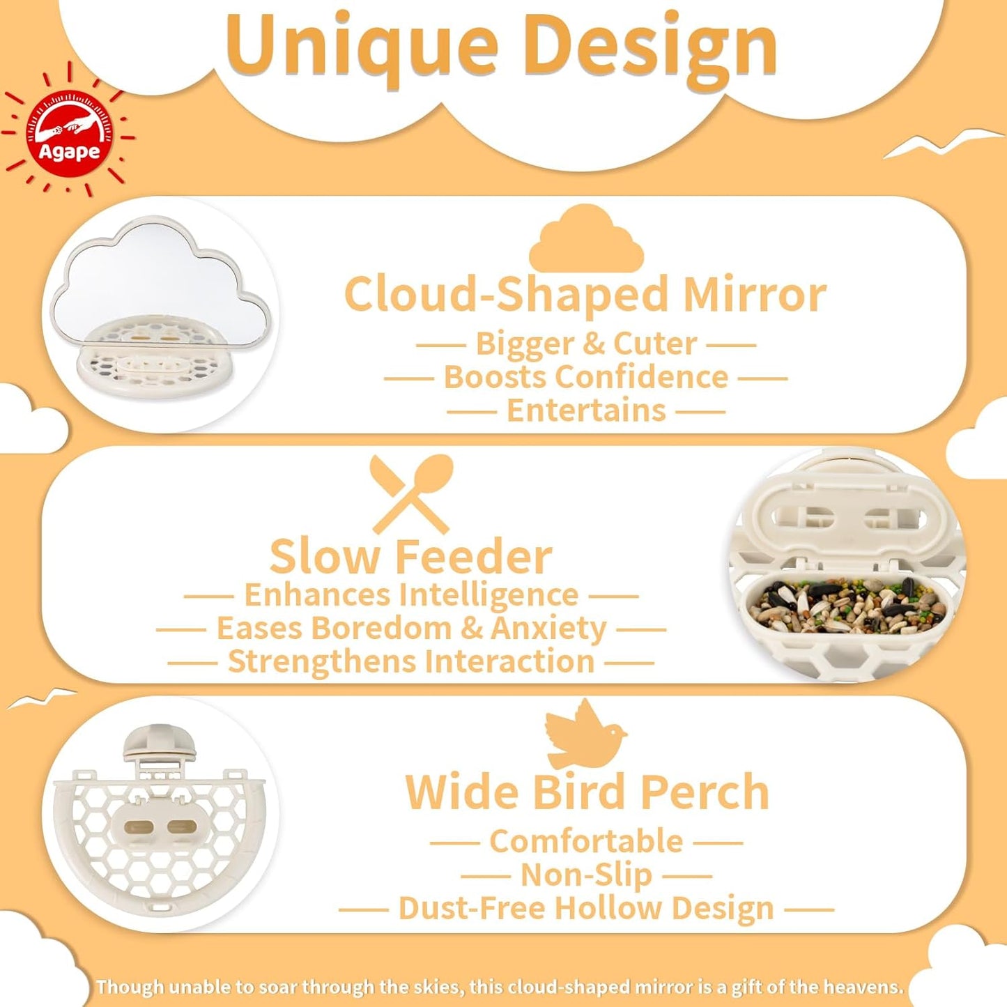 Agape Parakeet Mirror with Perch & Slow Feeder, Bird Cage Accessories for Small Parrots to Expend Energy, Bird Toys for Boredom&Anxiety, Interactive Toy for Cockatiel, Lovebird, Conure, Finch, Budgies