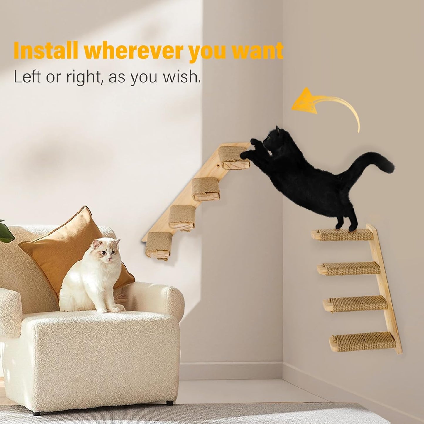 2 Pack 4 Steps Cat Wall Shelves Cat Stairs for Wall with Sisal Rope.Cat Wall Steps/Ladder Furniture ＆ cat Tree Supplies(Catstairs 2Pack-4Steps)