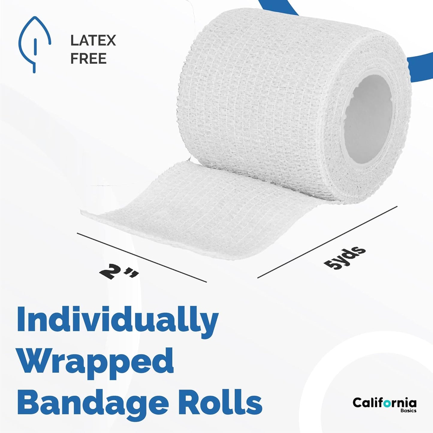 California Basics Self Adhesive Bandage Wrap - Self Adhering Non Woven Cohesive Bandage Rolls - Stretch Wrap - Multi Colored Athletic Tape for Wrist - Waterproof (2 inch- 12 Pack- White)