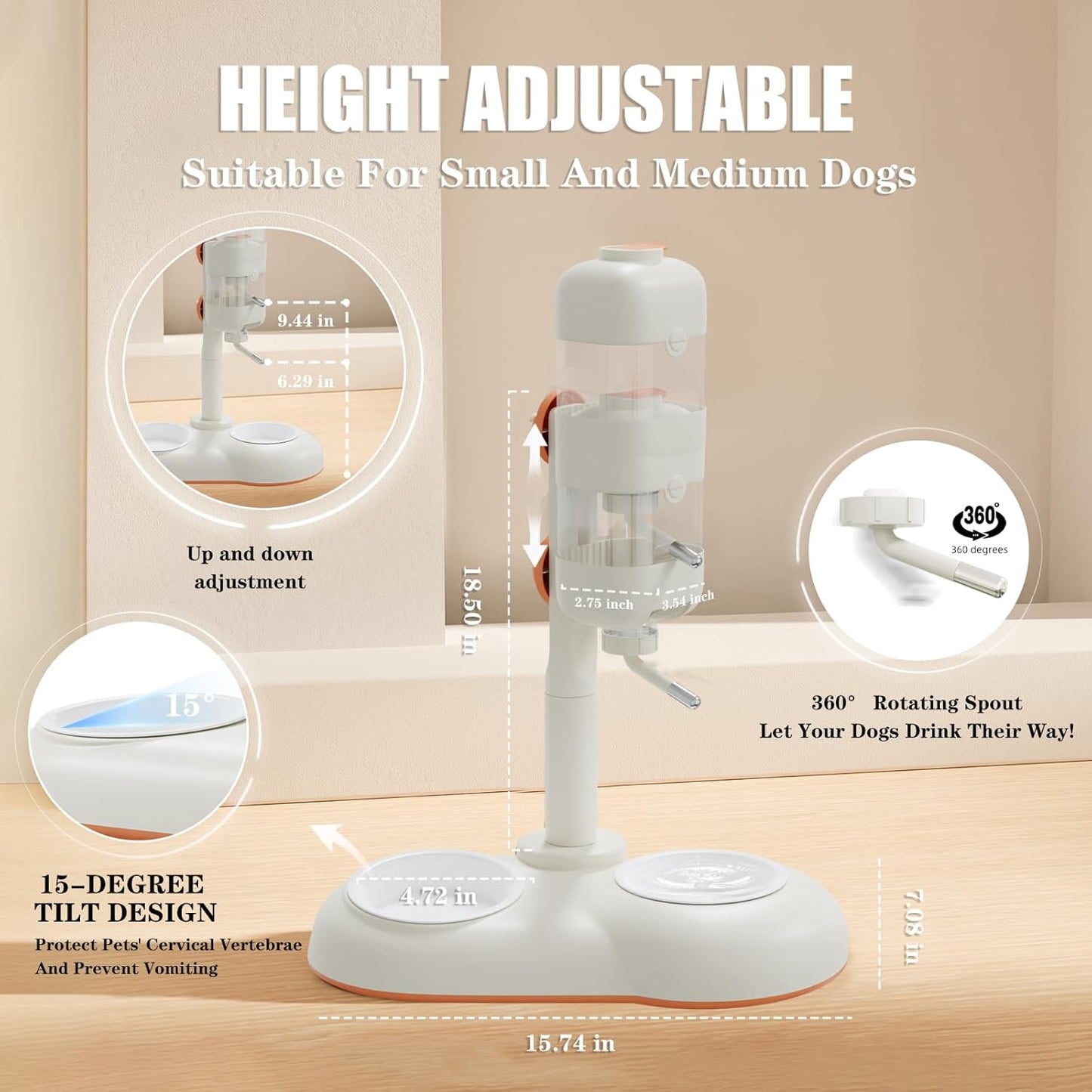 Pet Bowls with Weaning Bottles,3 in 1 Height Adjustable Water Dispenser for Dogs,15°Tilted Food Bowls for Small Dogs,Puppy Feeding,Pet Food Bowls for Cats,Rabbits,Ferrets