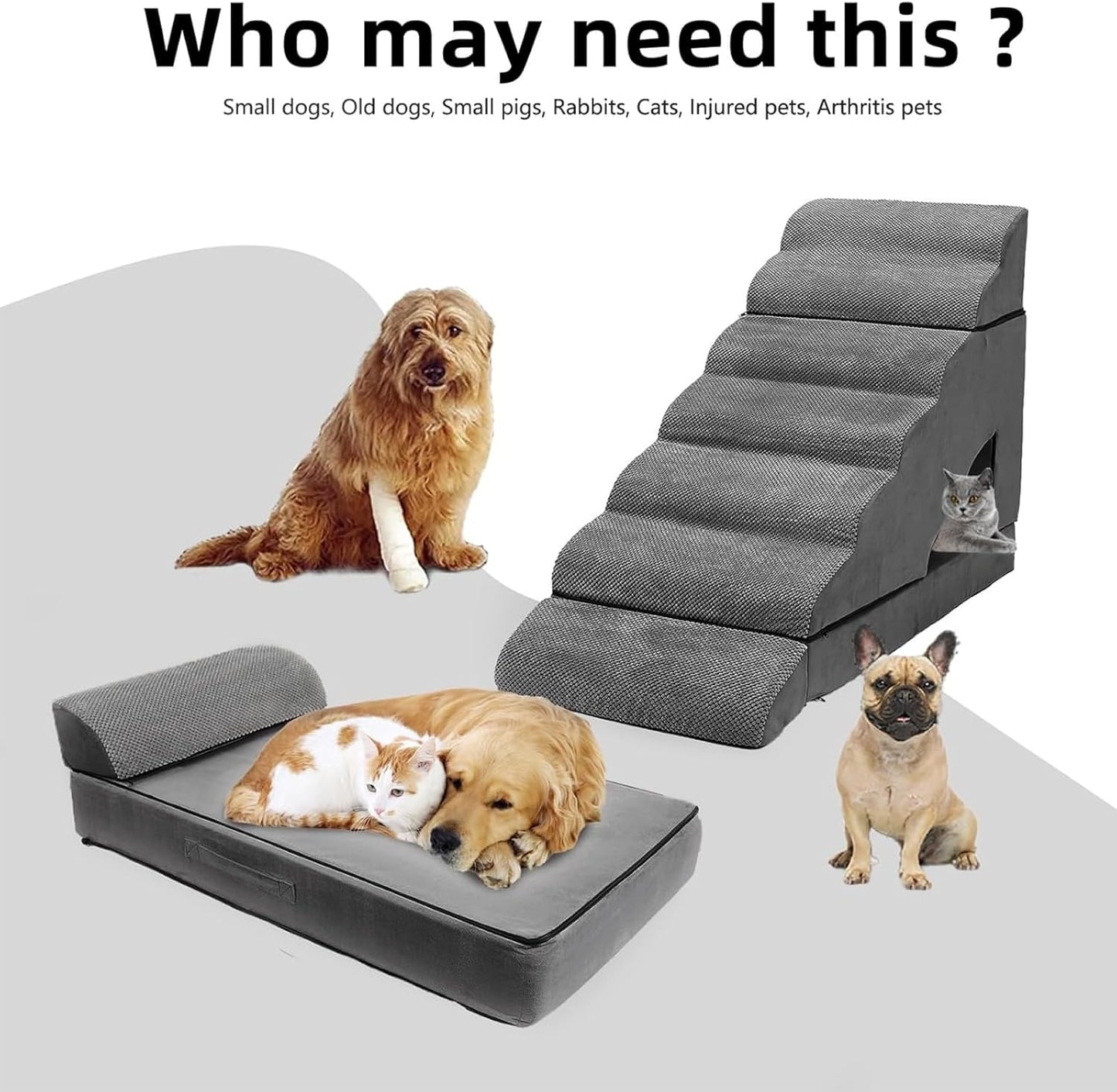 Foam Dog Stairs & Steps Ramps for High Beds 30-36 inches High Tall Large Dogs, LitaiL 7 Step Pet Stairs Steps for High Beds 30 inch Small Dogs, Non-Slip Dog Ramps for Bed