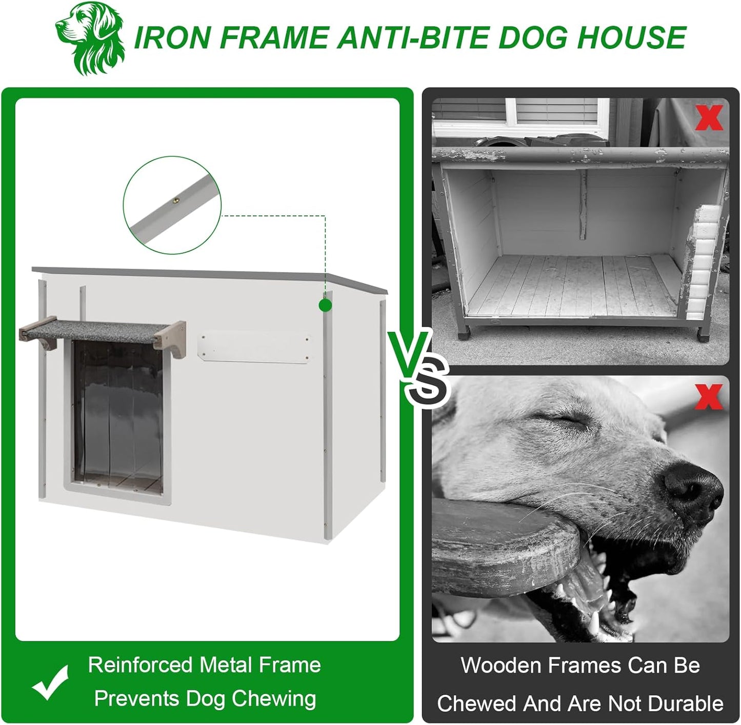 Dog House Outdoor Weatherproof & Wooden Dog Kennel with Chew-Proof Iron Frame，Removable Floor, Adjustable Vent Window, Easy Assembly for Large and Medium Dogs 43.3" D x 29.5" W x 33.5" H