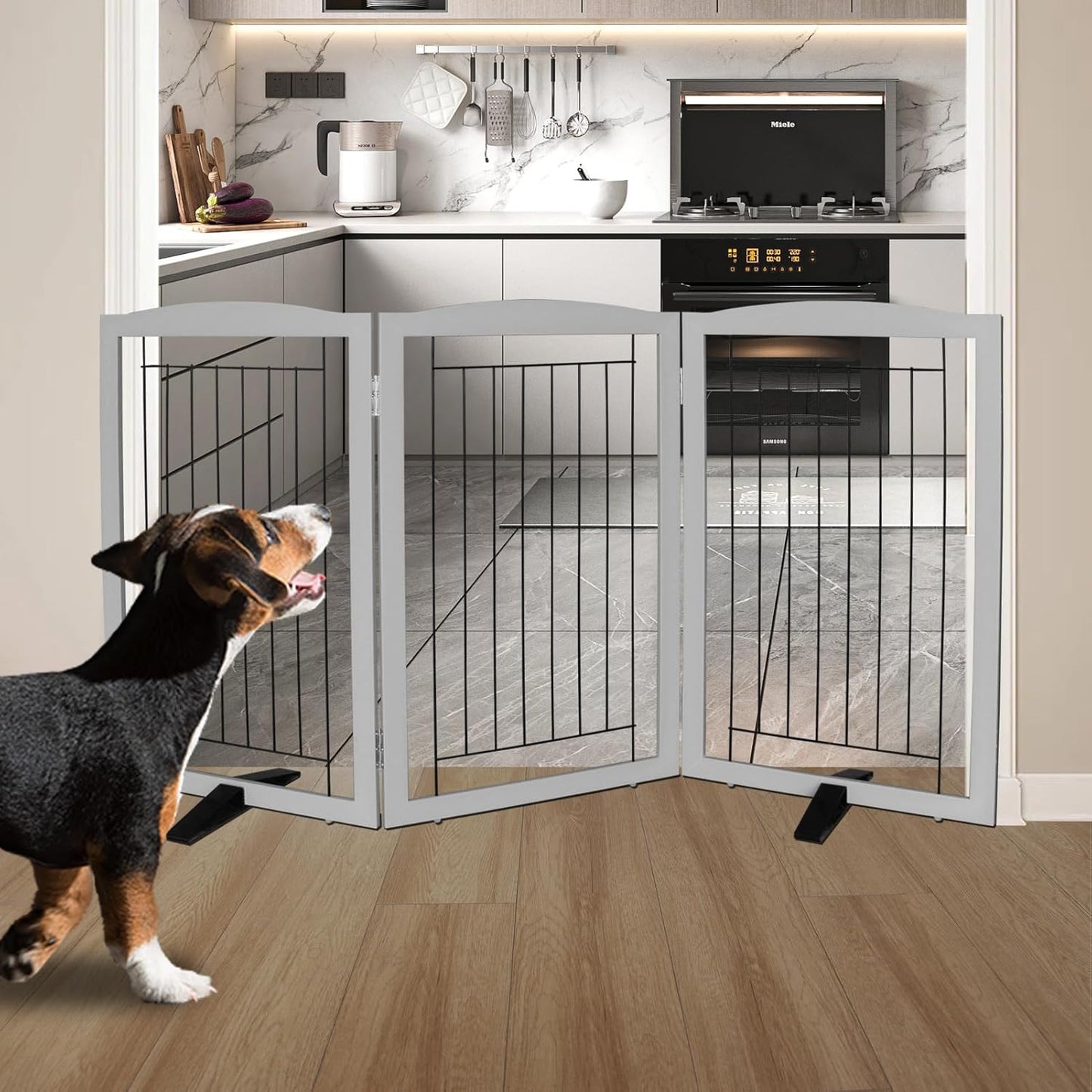 ZJSF Freestanding Dog Fence Indoor, Foldable Dog Gate for Doorways, Stairs or Hallways, Sturdy Wood Extra Wide Pet Gate with Support Feet for The House, Grey, 32 "Height-3 Panels