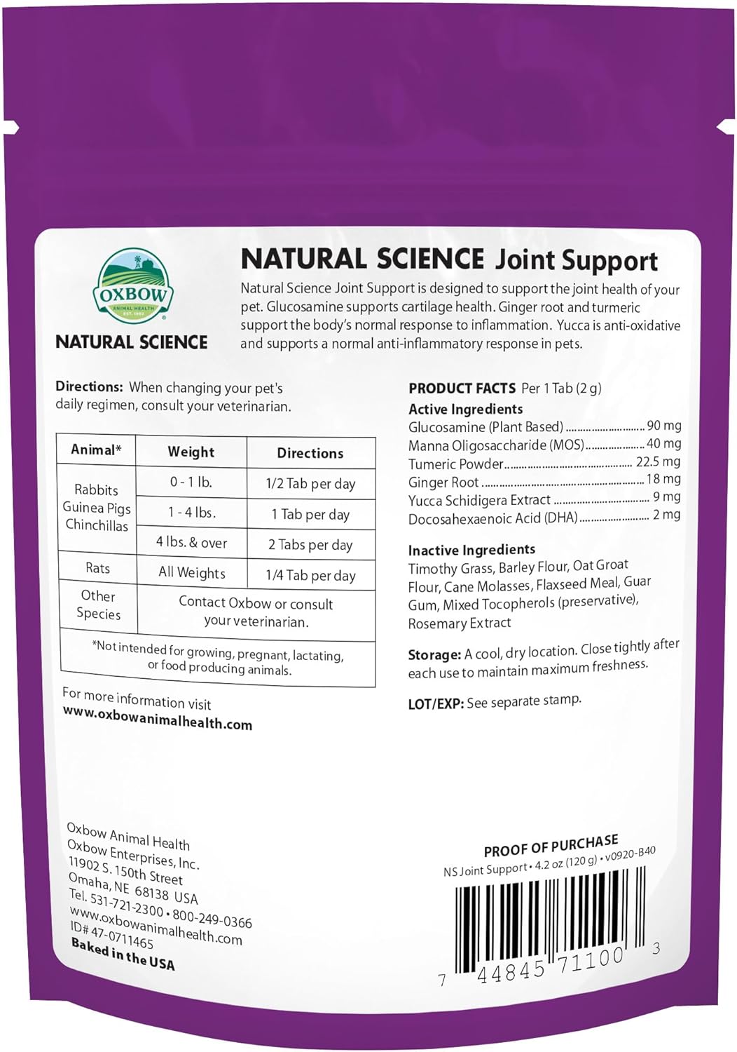 Oxbow Animal Health Natural Science Joint Support, Anti Inflammatory Supplement for Rabbit & Guinea Pig, Oxbow Timothy Hay, Made with Glucosamine, Turmeric, & Yucca, Made in USA, 4.2 oz Bag
