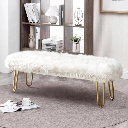 42.5Inch White Bedroom Bench, Benches for Bedroom White Faux Fur Upholstered Bed end Bench, Tufting Bench Indoor Bench with Metal Legs for Living Room Bedroom Dining Room Entryway
