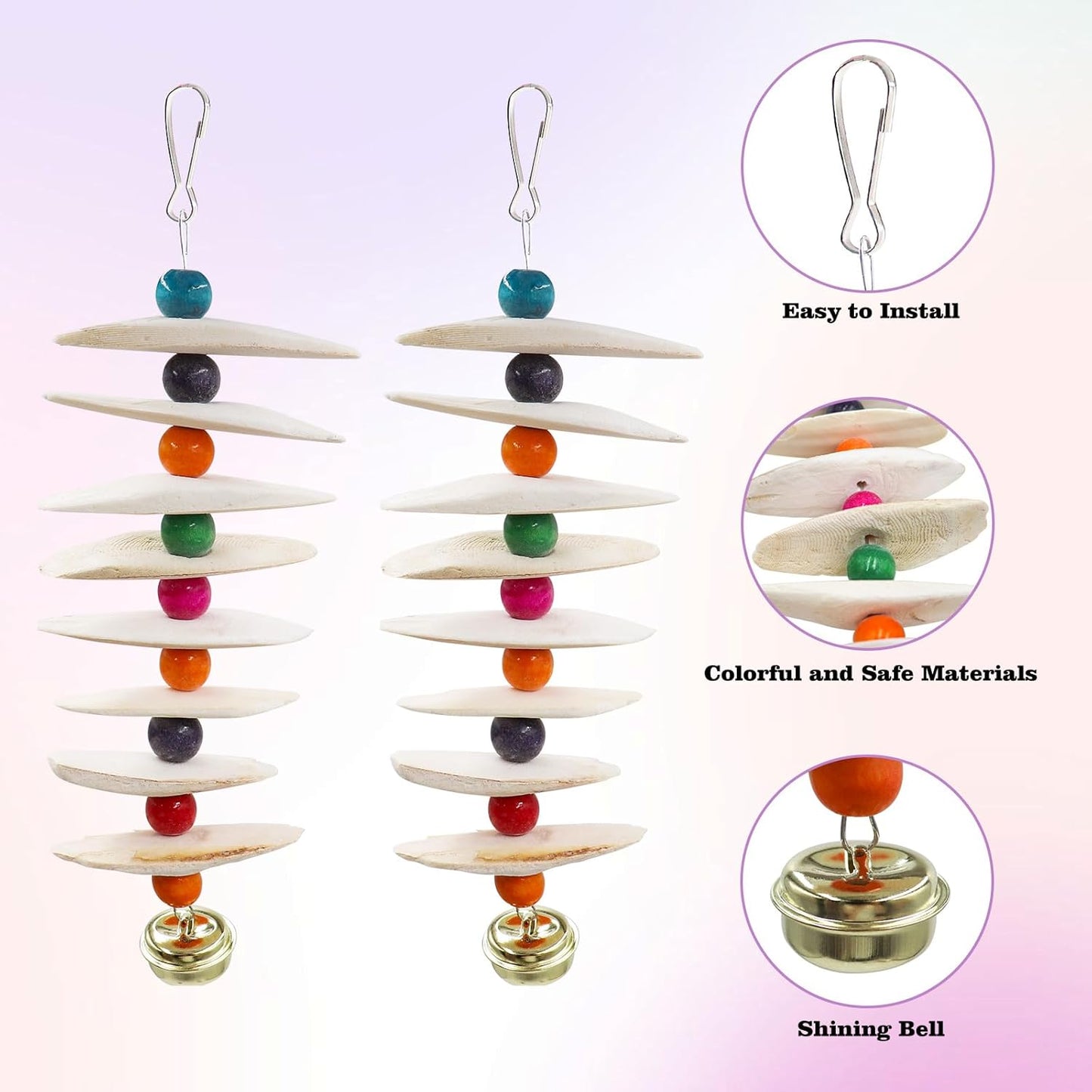 2 Pack Bird Toys with Cuttlebone, Parakeet Toys, Bird Beak Grinding Stone, Cage Accessories for Parakeets, Cuttlefish Bone for Budgies, Cockatiels, Lovebirds, Green Cheeks, Small to Medium Birds