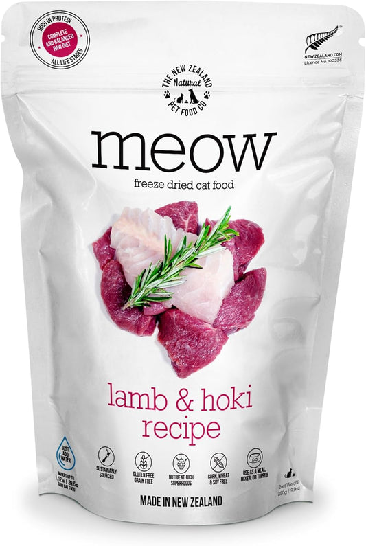 Meow Lamb & Hoki Freeze Dried Raw Cat Food, Mixer, or Topper, or Treat - High Protein, Natural, Limited Ingredient Recipe 9.9 oz