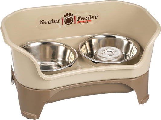 Neater Feeder - Express Model w/Slow Feed Bowl - Mess-Proof Dog Bowls (M/L, Cappuccino) Made in USA –Elevated, No Spill, Non-Tip, Non-Slip, Raised Stainless Steel Food/Water Pet Bowls Aid Digestion