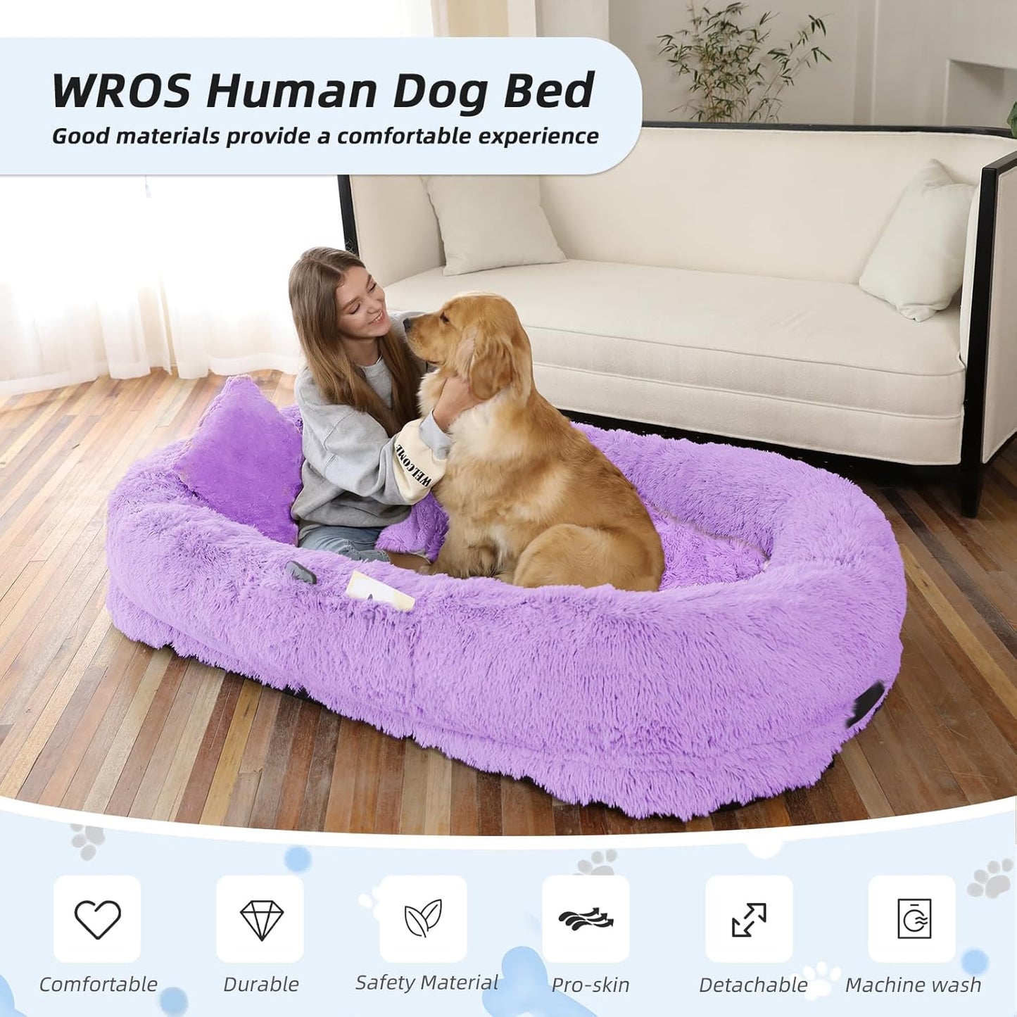 Human Dog Bed, 71''x45''x12'' Size Fits You and Pets, Washable Faux Fur Pet Bed for People Doze Off, Napping Orthopedic Dog Bed, Present Plump Pillow, Blanket, Strap - Purple