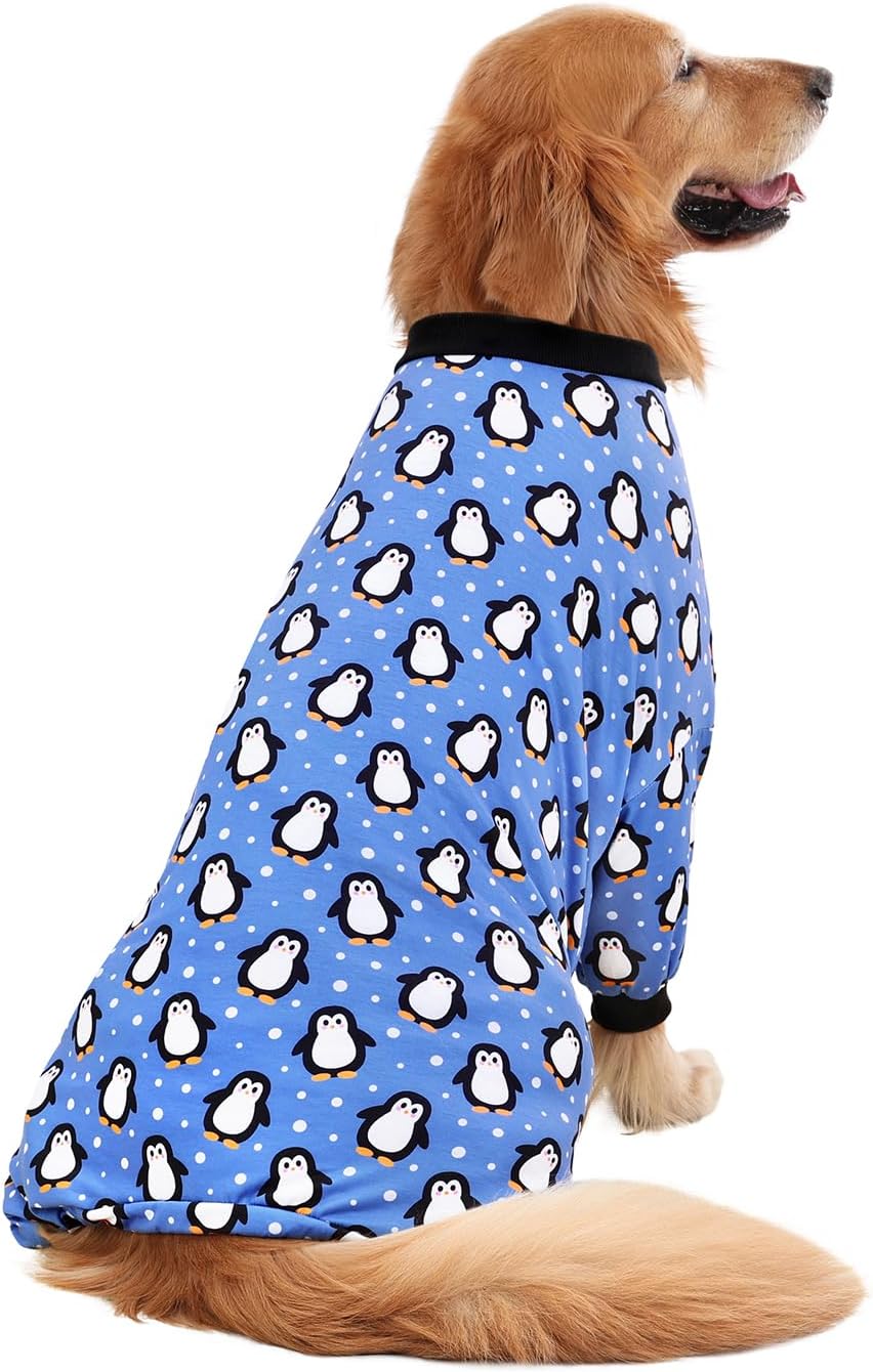 HDE Dog Pajamas One Piece Jammies Jumpsuit Pet Clothes Outfit Stretchy Lightweight Comfy Shirt Pjs for M-3XL Dogs Penguin Polka Dots - 2XL